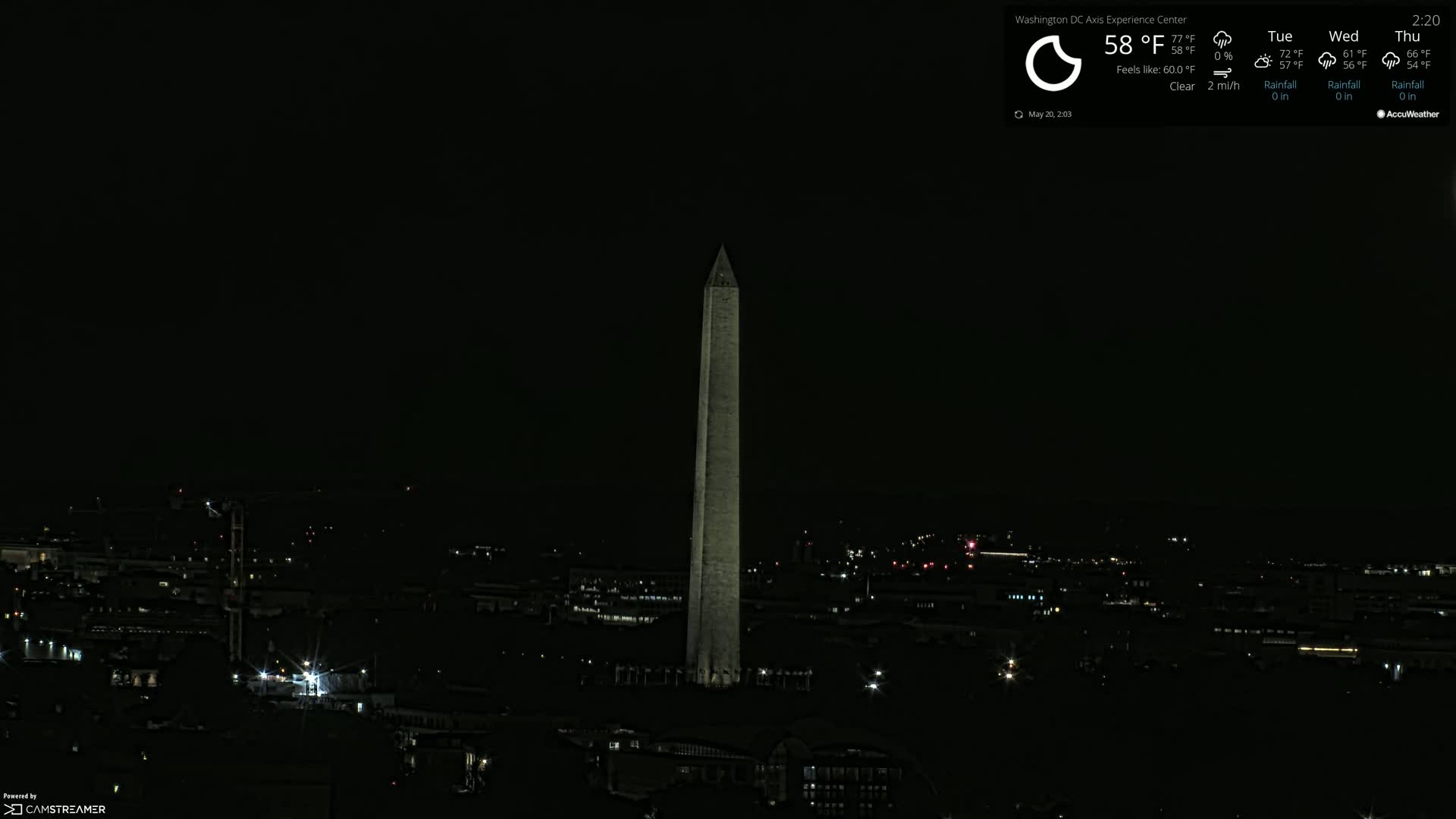 A nighttime view of the Washington Monument, illuminated against a dark, clear sky.