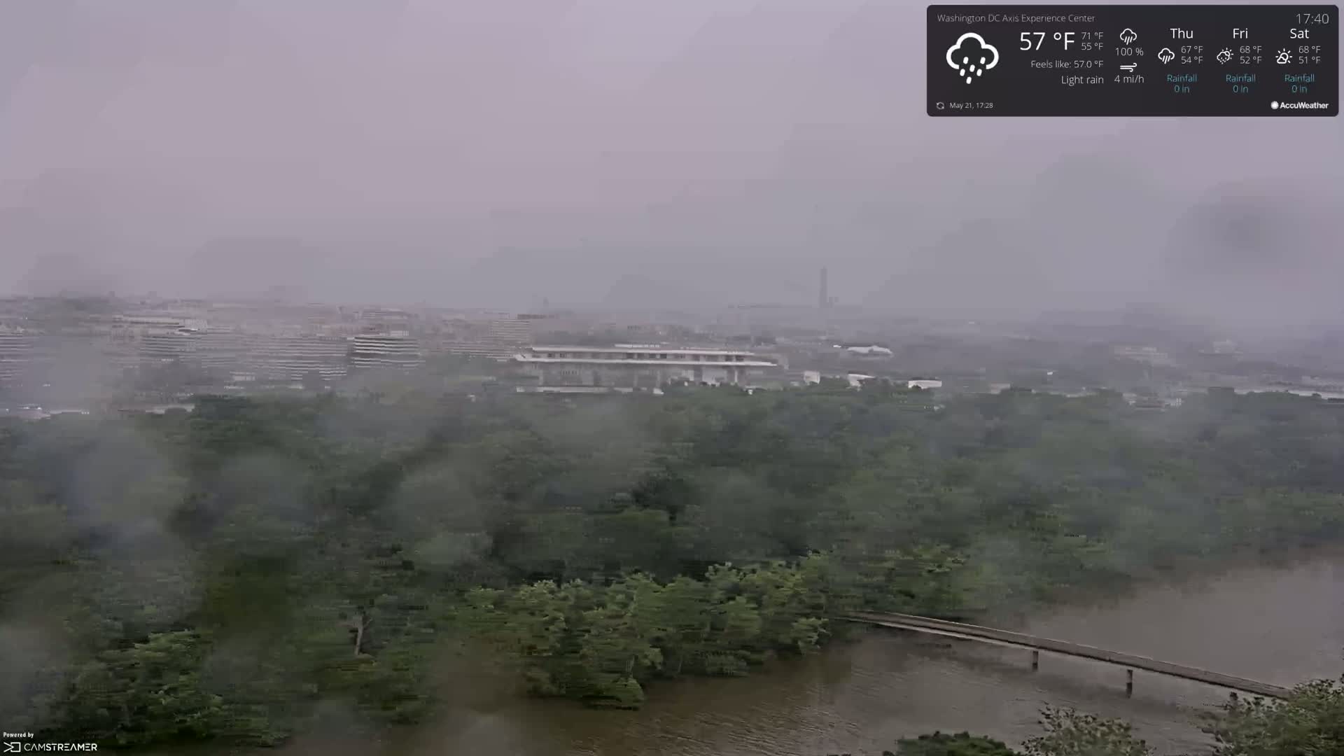 A hazy, light rain falls over a cityscape and a river with a bridge, partially obscuring the view of a lush green area and distant buildings.