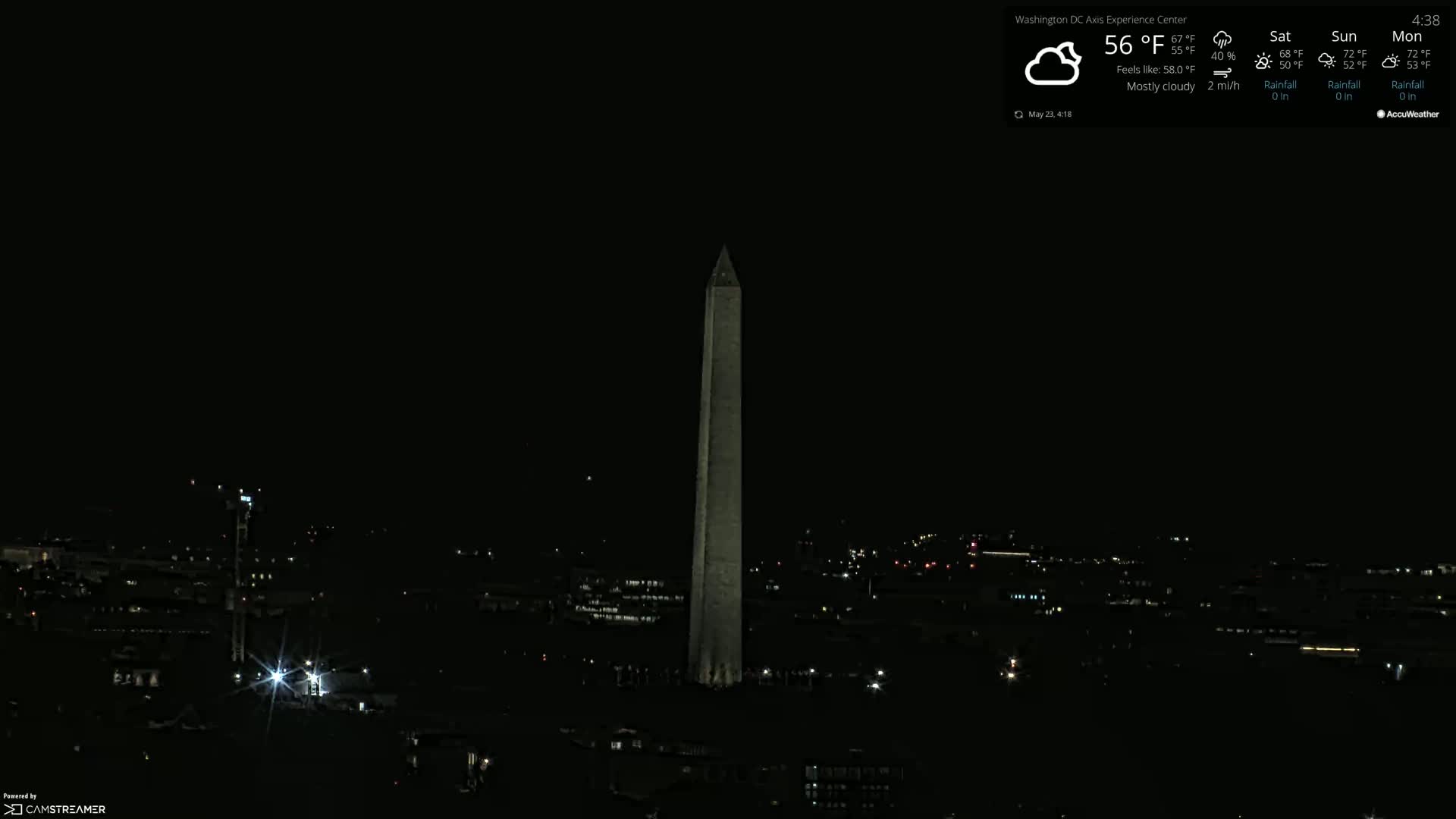 A nighttime, mostly cloudy view of the Washington Monument, illuminated against a dark cityscape.