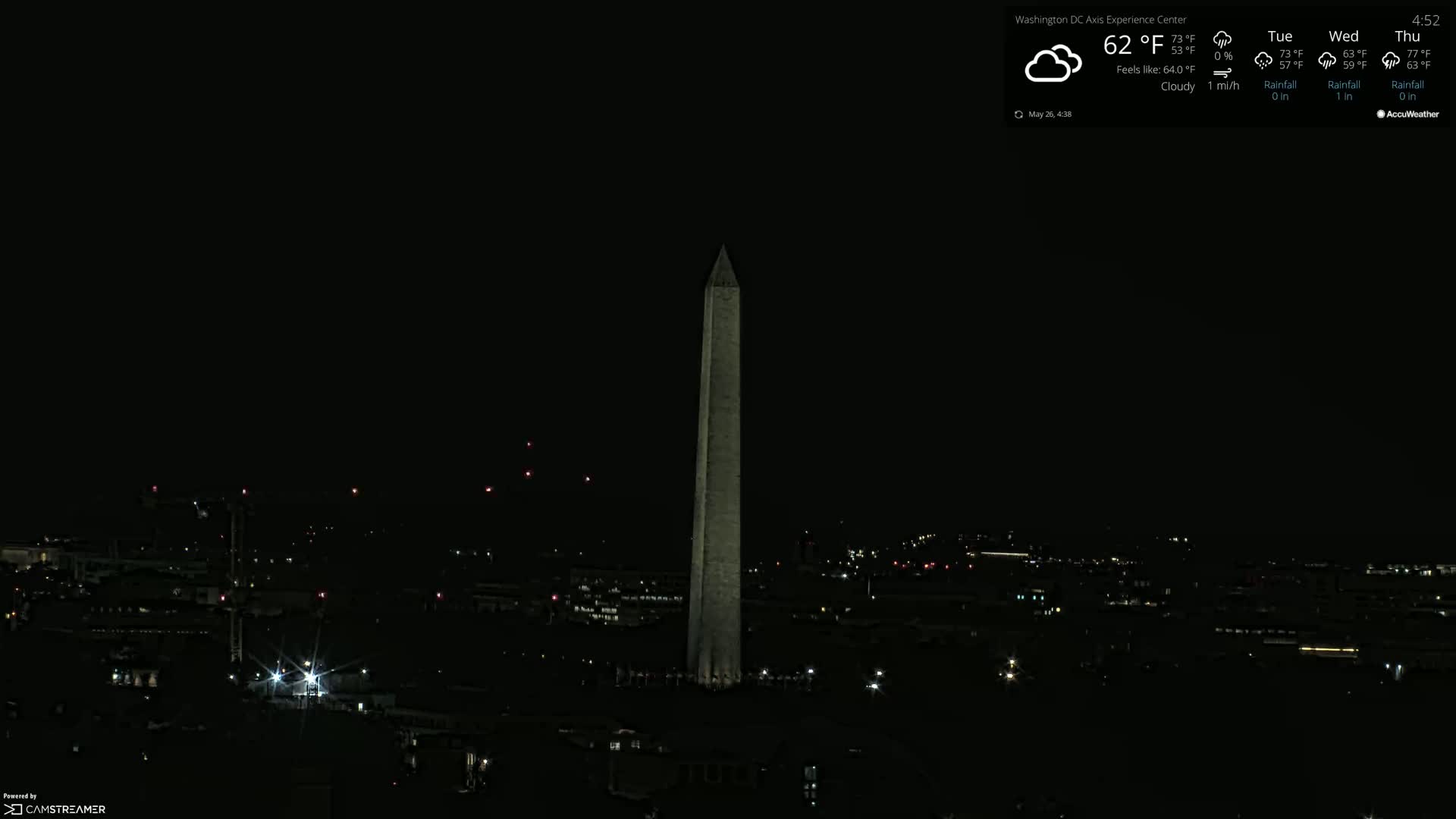 The Washington Monument stands tall against a dark, cloudy night sky, illuminated faintly against a city skyline speckled with dim lights.