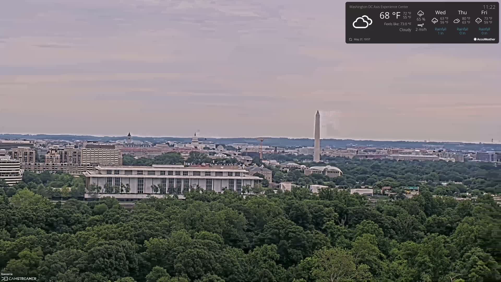 A cloudy, partly overcast view of Washington D.C., showing the Washington Monument, the U.S. Capitol Building, and a large expanse of green trees and buildings in the foreground.
