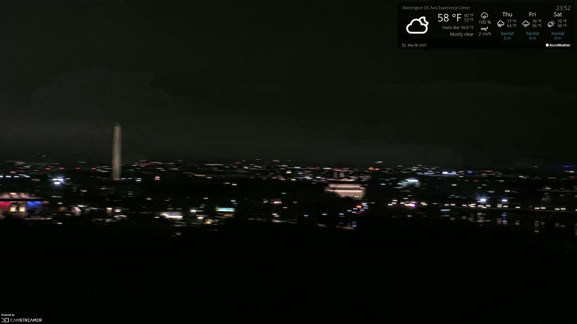 A nighttime, mostly clear view of a city illuminated by scattered lights, featuring a tall monument in the distance under a dark sky.