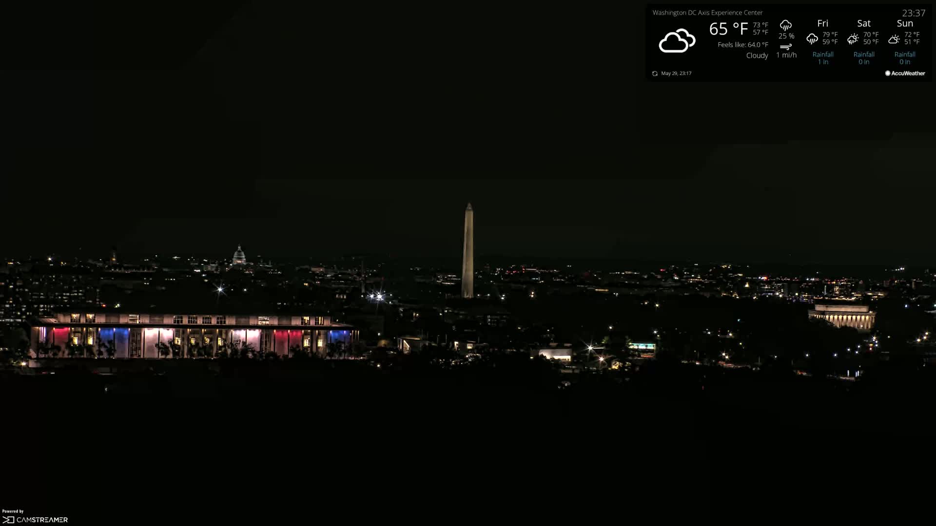 A nighttime cityscape featuring the Washington Monument and a building illuminated with red, white, and blue lights, under cloudy skies.