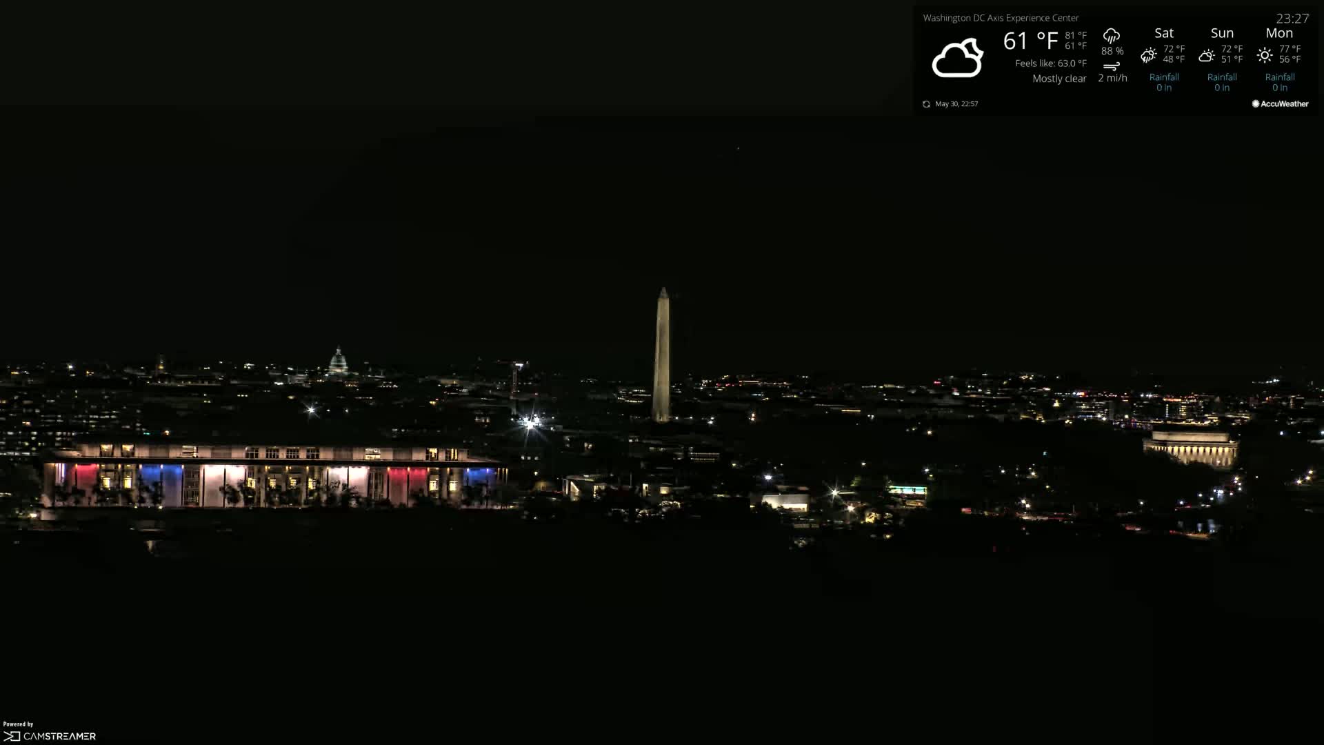 A nighttime cityscape with a lit building displaying red, white, and blue vertical lights, the Washington Monument, and other city lights under a mostly clear sky.