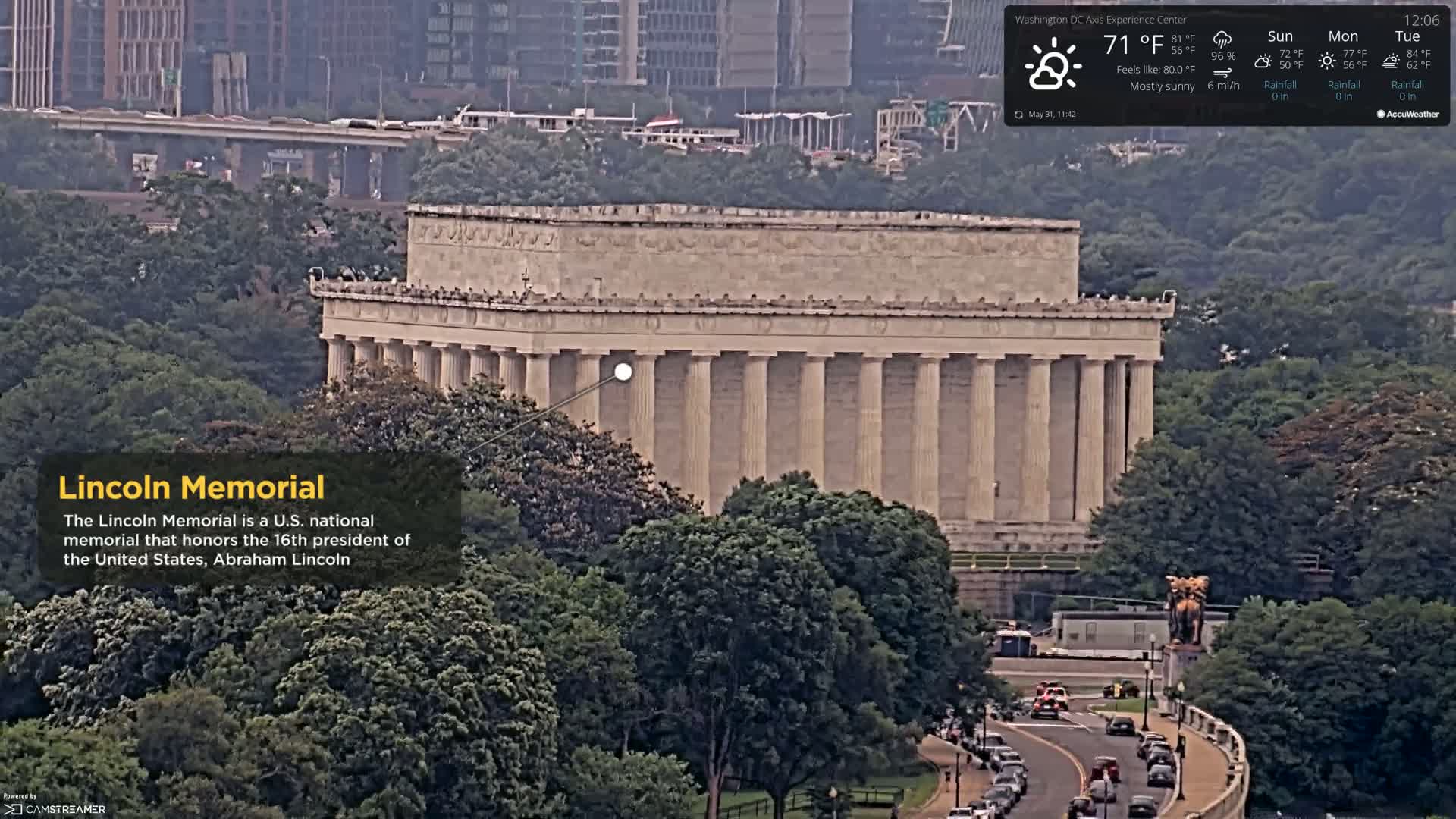 A long shot of the Lincoln Memorial on a mostly sunny day.