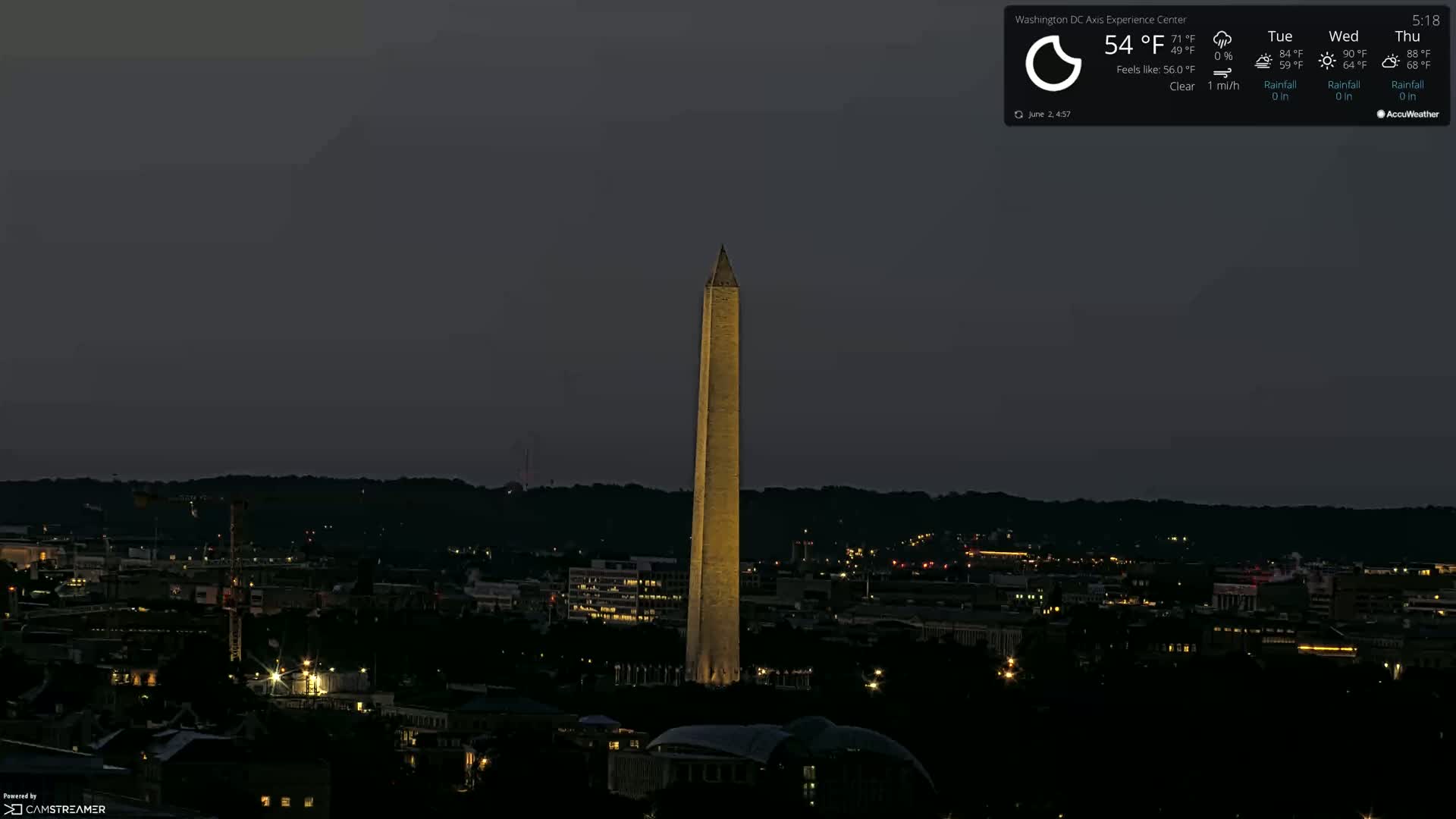 A brightly lit Washington Monument stands tall against a dark, clear night sky over a dimly lit city.