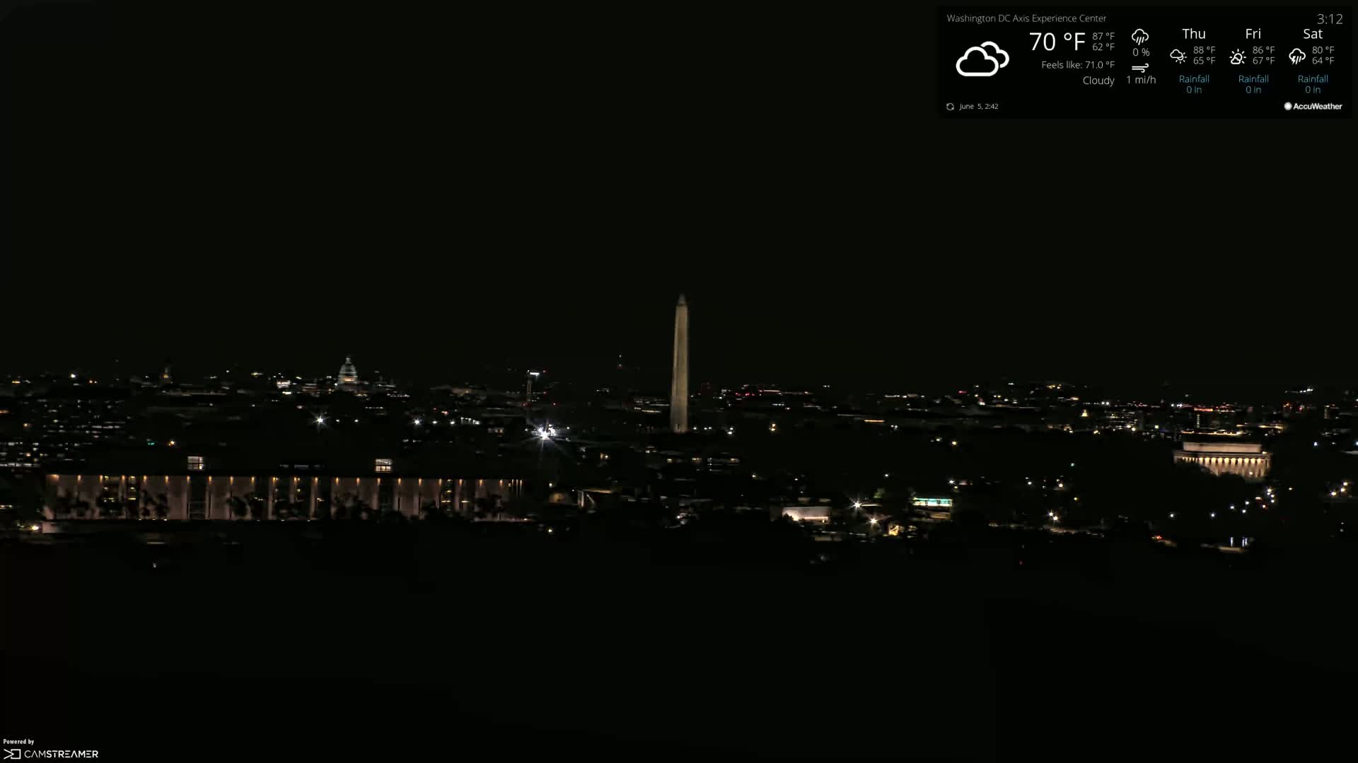 A nighttime, cloudy view of a city skyline, featuring a tall monument and other illuminated buildings.