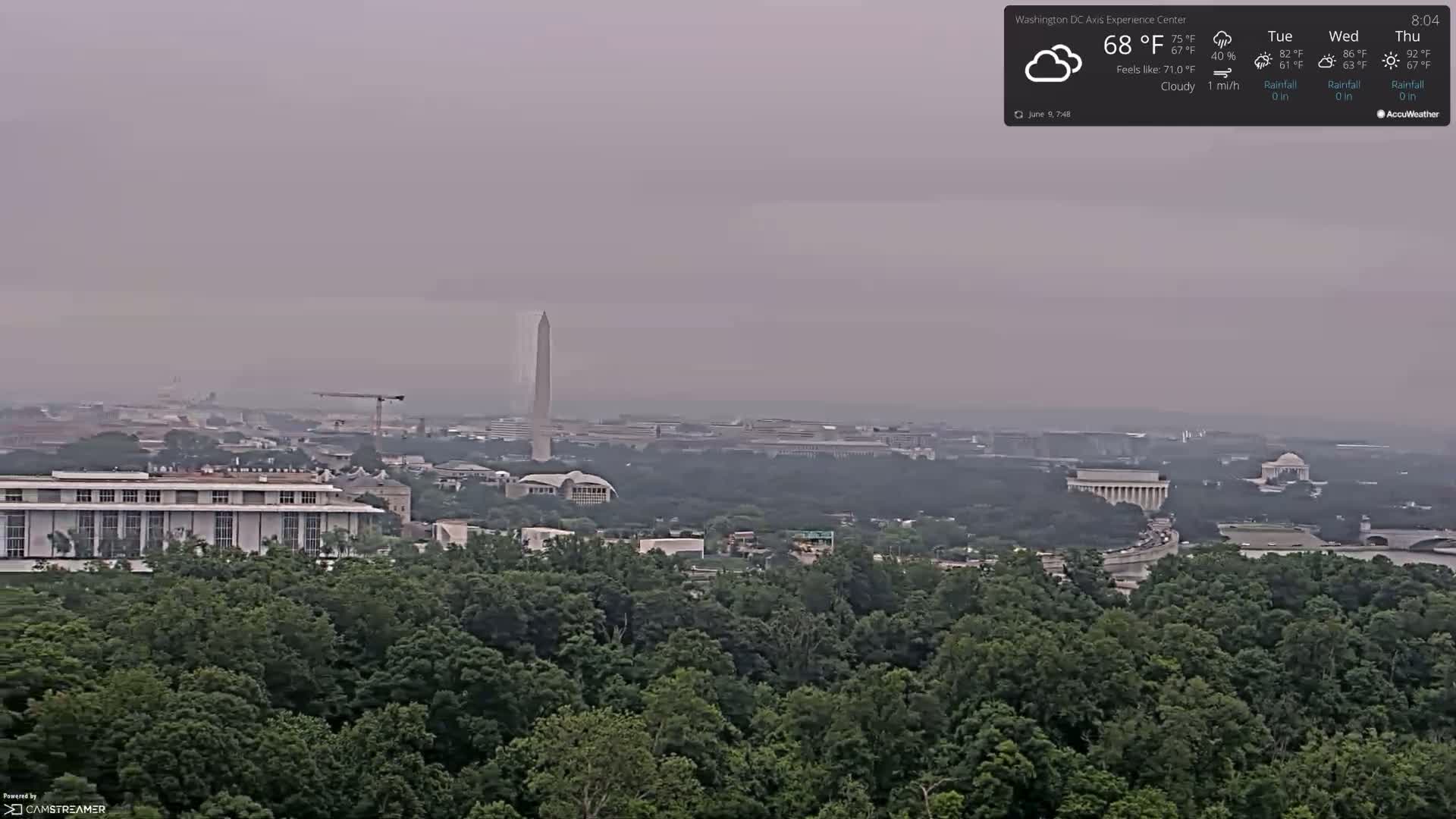 A hazy, cloudy view of Washington, D.C., shows the Washington Monument and other landmarks from a distance, with a foreground of lush green trees.