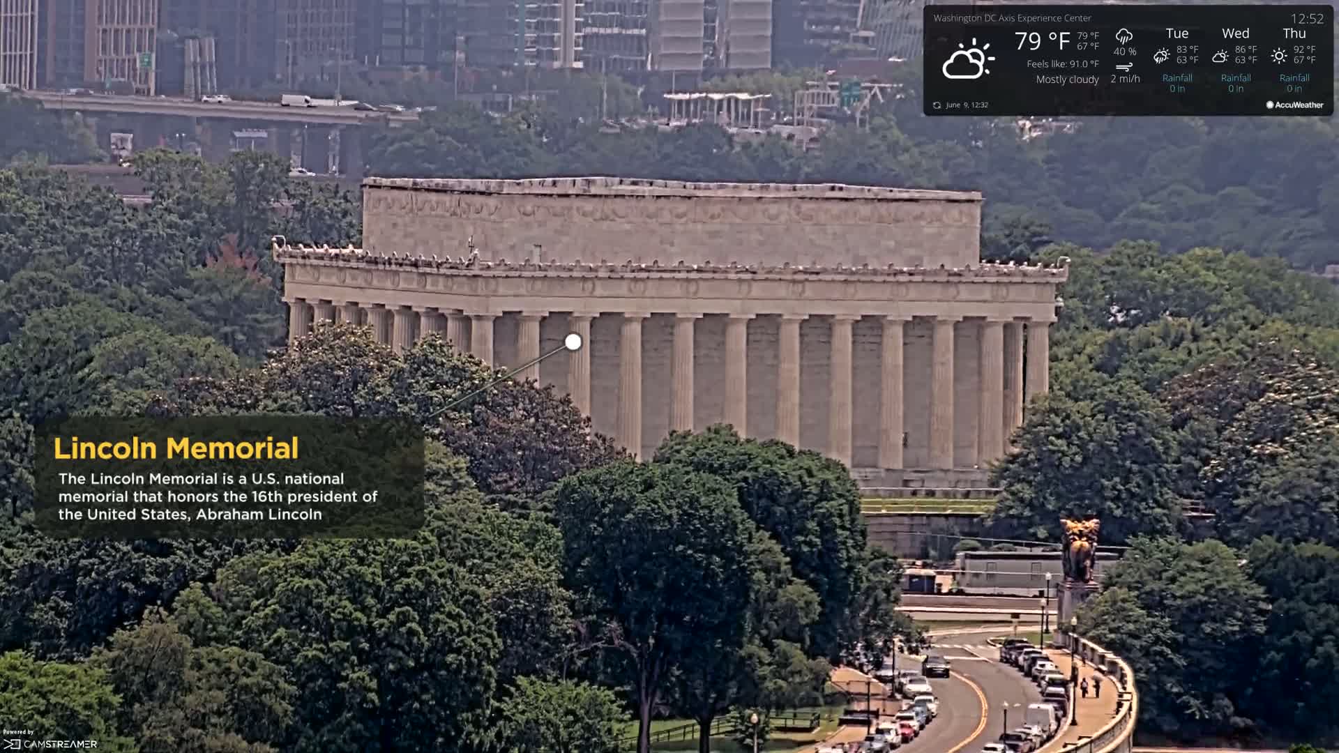 An aerial view of the Lincoln Memorial on a mostly cloudy day with a temperature of 79°F.