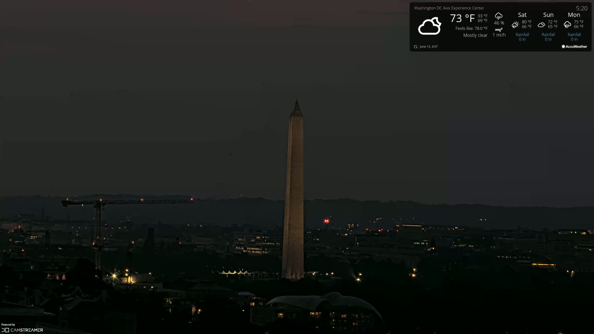 A mostly clear night scene shows the Washington Monument illuminated against a dark cityscape, with a construction crane visible in the distance.