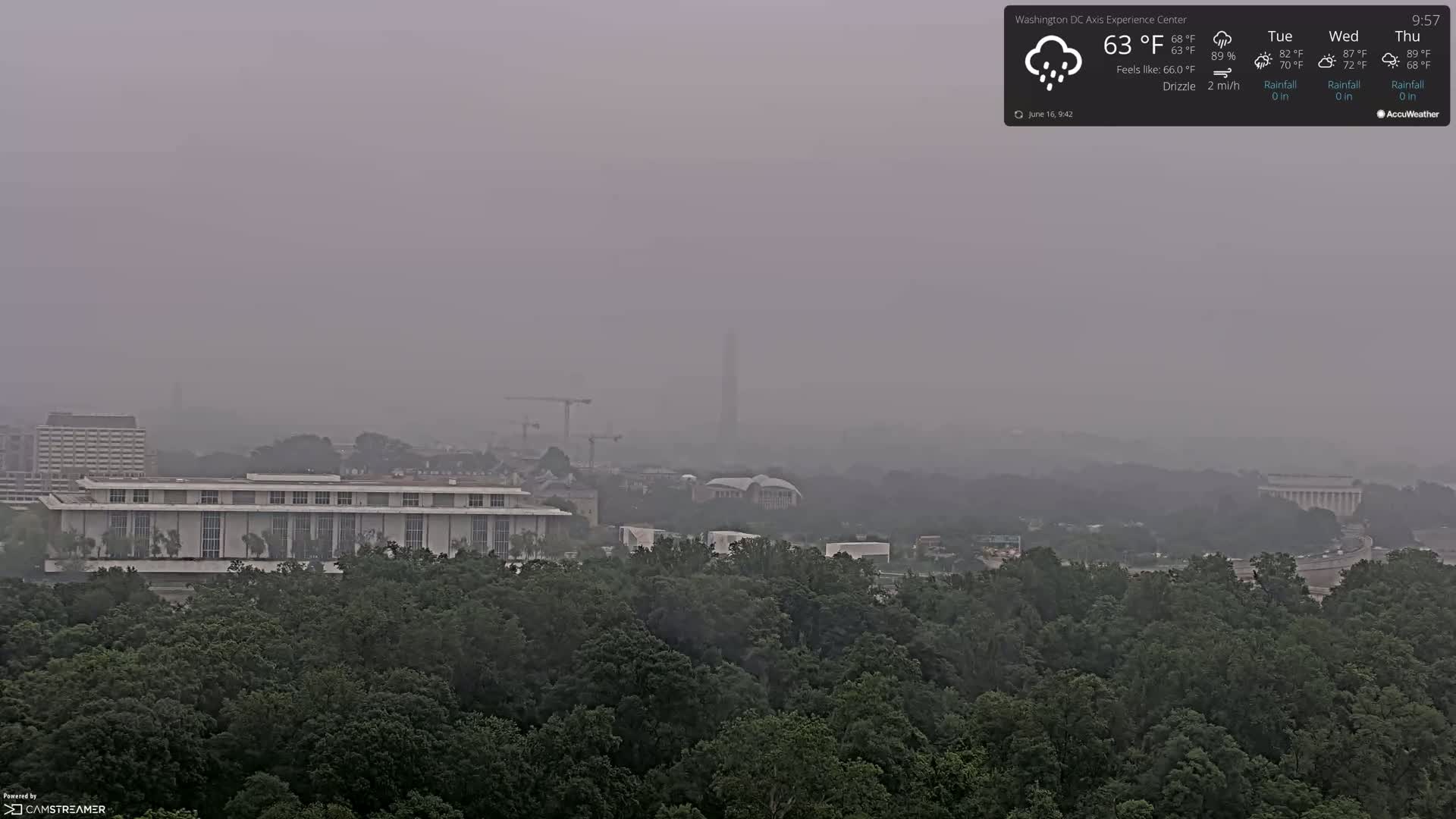 A hazy, drizzly view of a city skyline featuring several buildings and a tall monument partially obscured by mist.