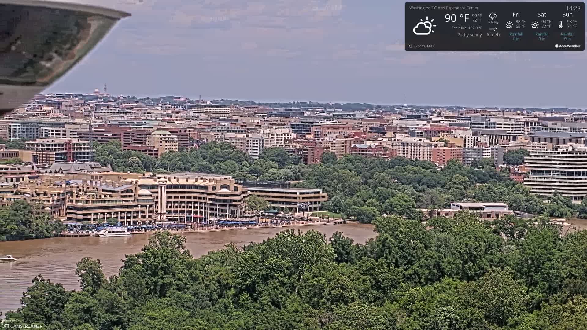 A partly sunny view of a city skyline across a river, with a large building complex situated on the waterfront and lush green trees in the foreground.