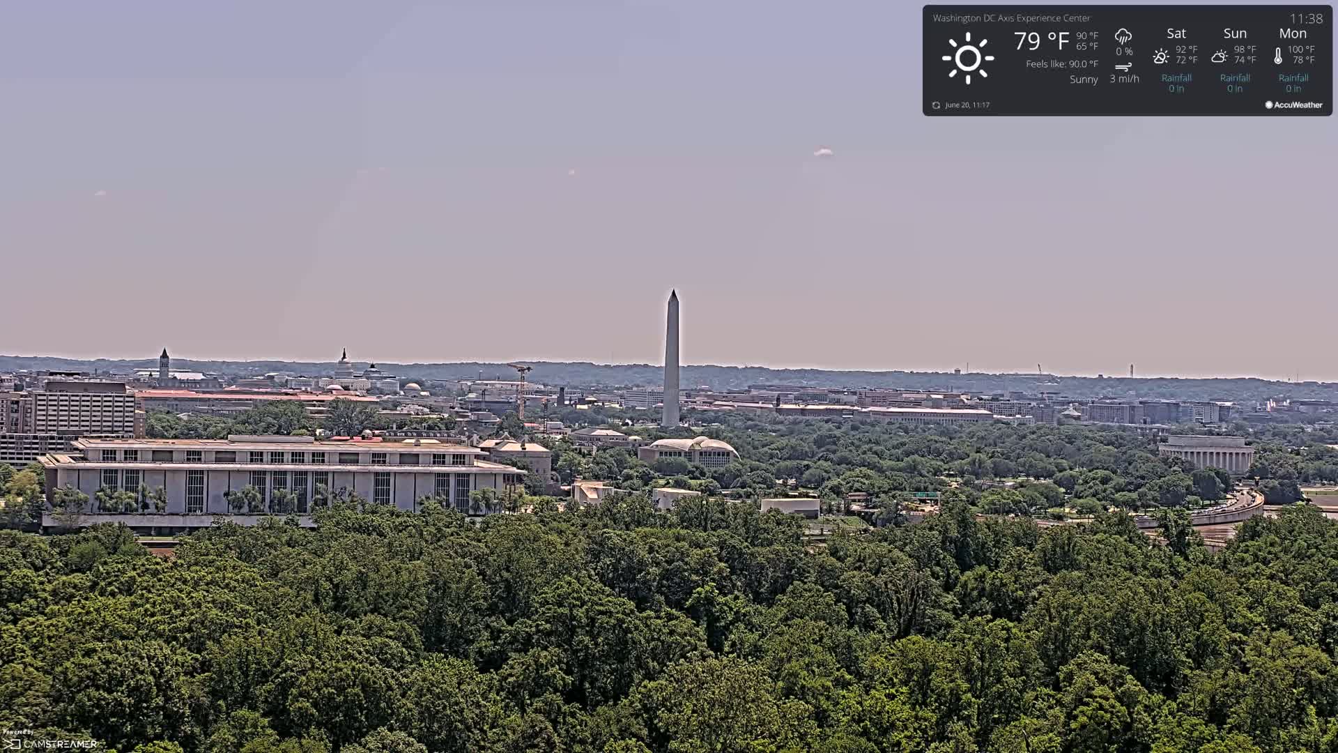 A sunny cityscape with lush green trees in the foreground, featuring the Washington Monument in the distance.