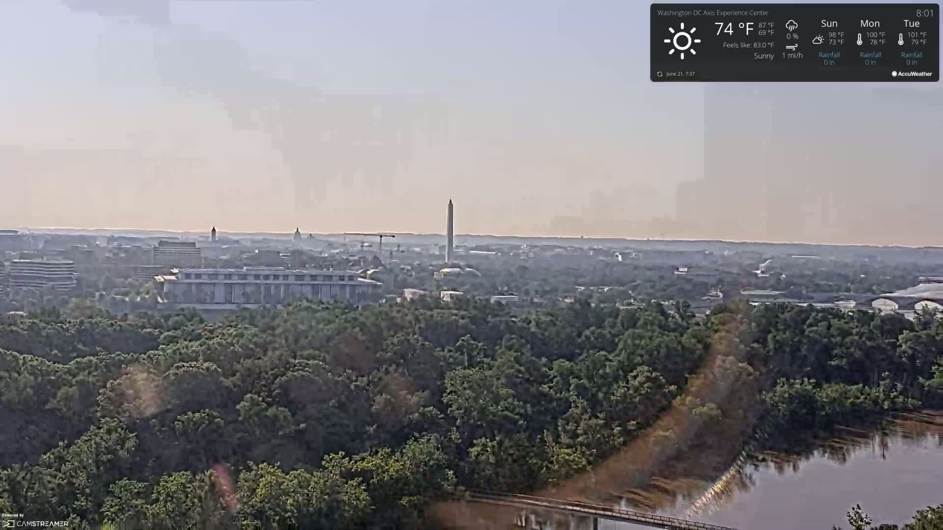 A hazy, sunny view of Washington, D.C., shows the Washington Monument in the distance, with a large expanse of green trees in the foreground and a body of water at the bottom.
