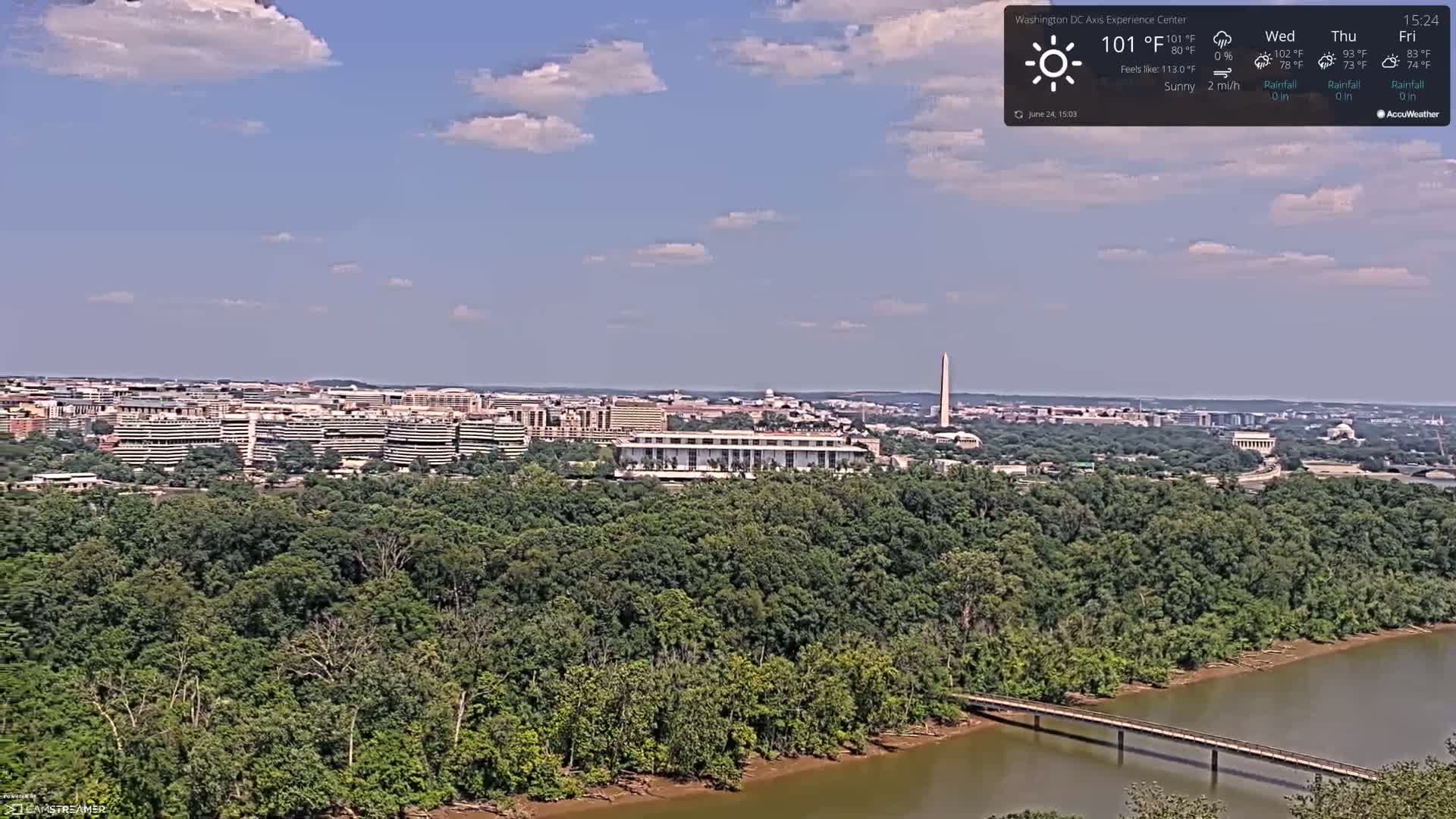 A sunny, distant view of a city skyline with a large river and lush green trees in the foreground, a long pedestrian bridge crossing the river and a monument visible in the distance.