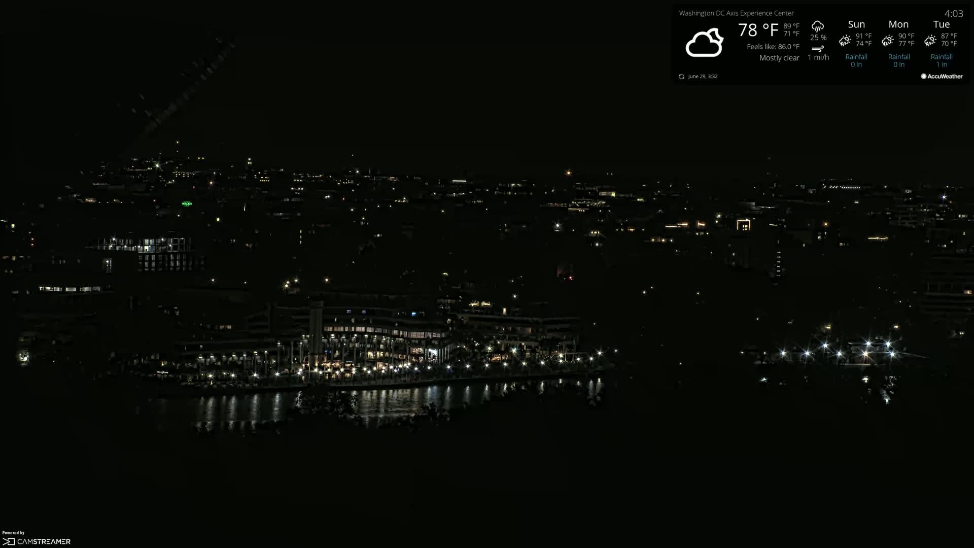 A nighttime cityscape with scattered lights near a body of water under mostly clear skies.