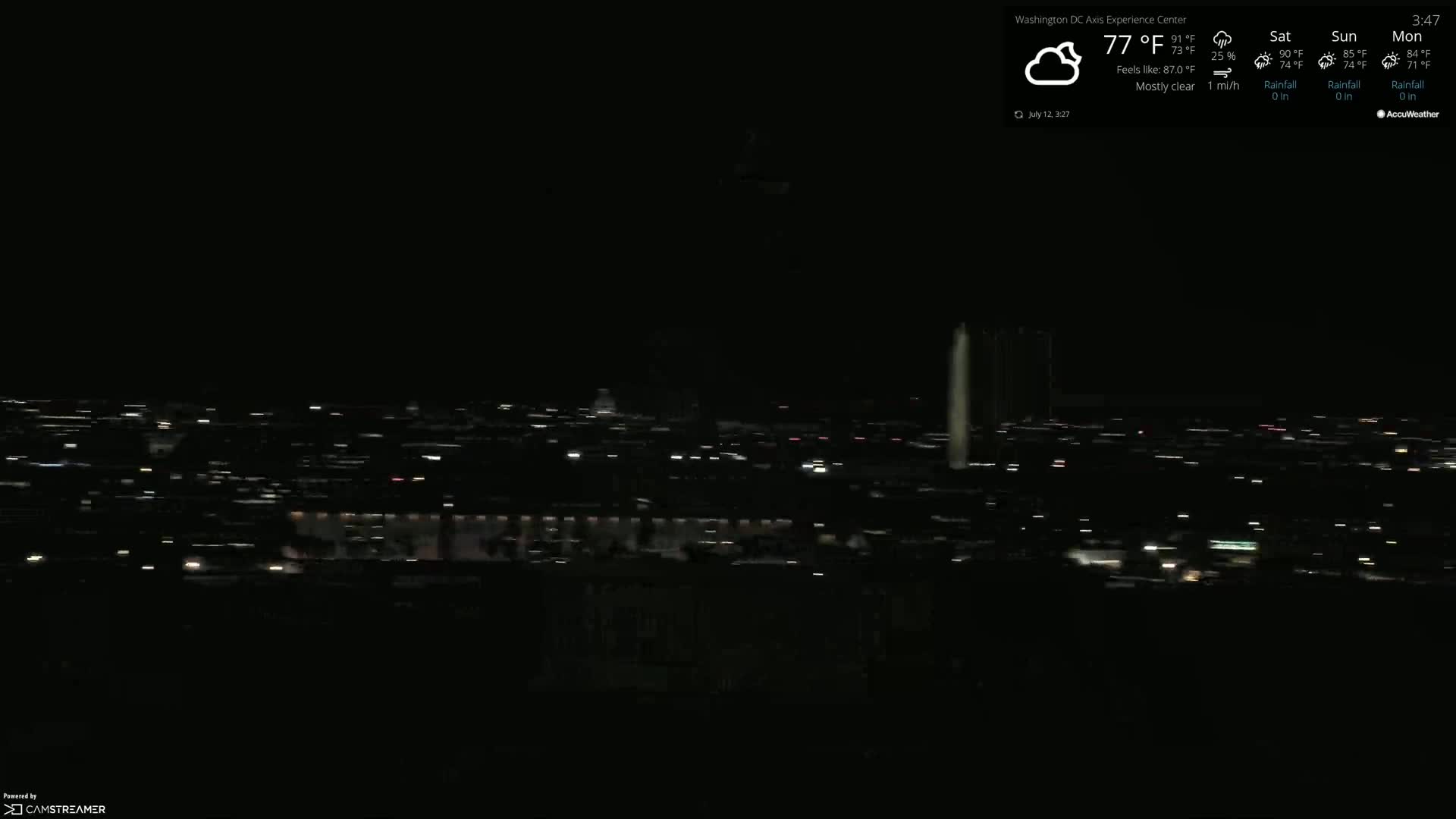 A nighttime view of a city skyline with a mostly clear sky and a gentle breeze.