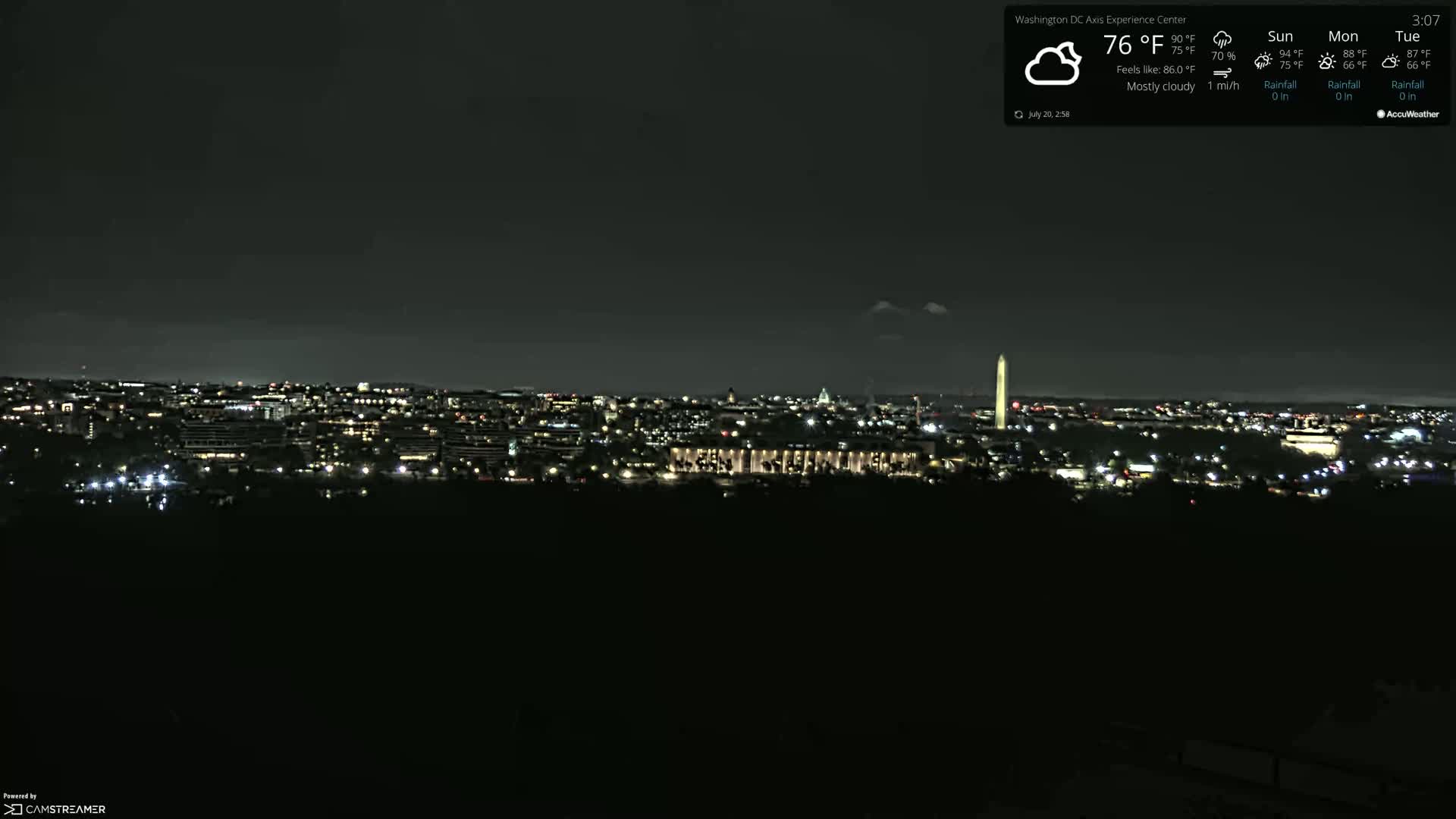 A nighttime, mostly cloudy view of a city skyline with a tall monument visible in the distance.