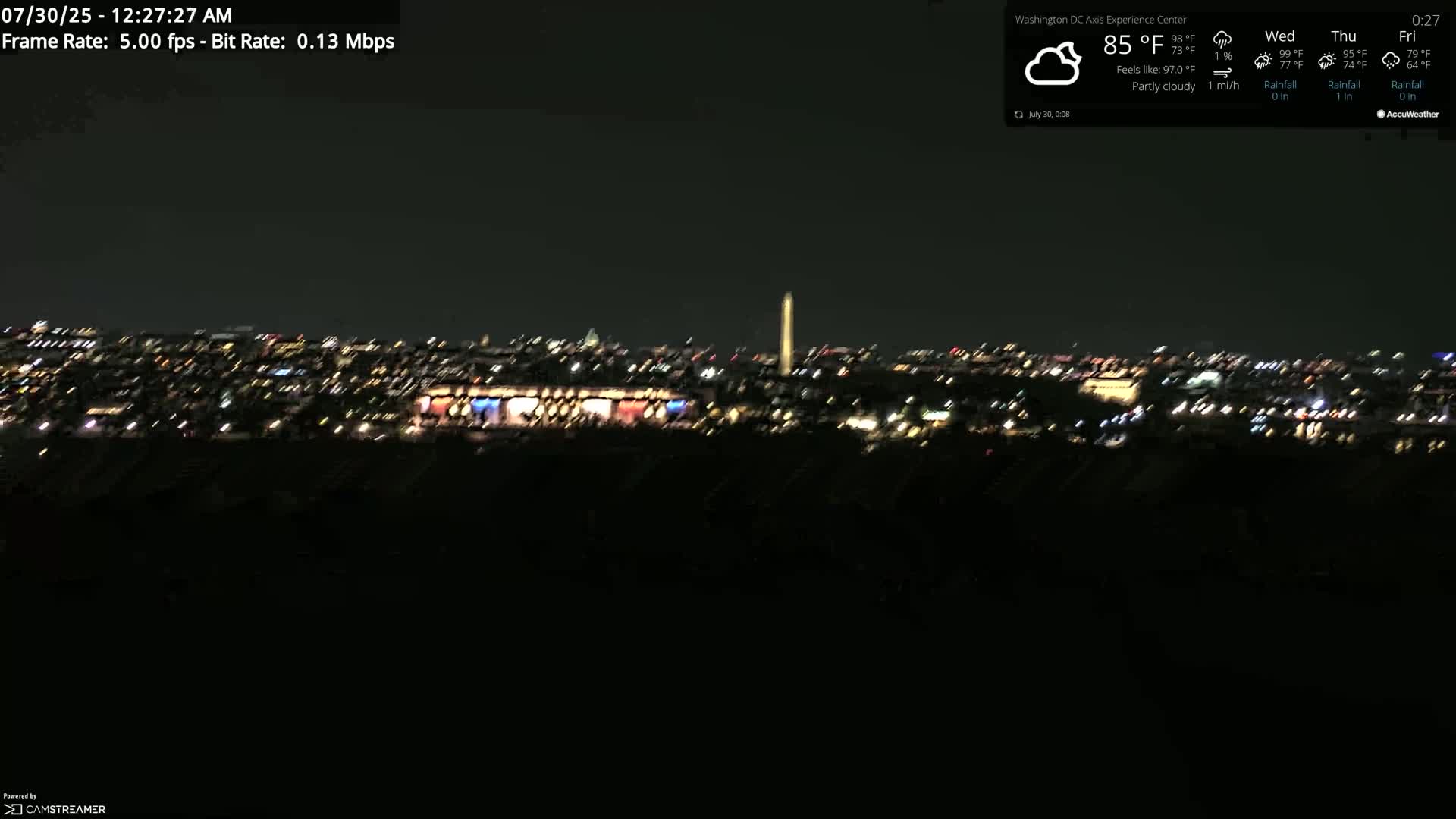 A nighttime, mostly cloudy view of a city skyline with a tall monument visible in the distance.