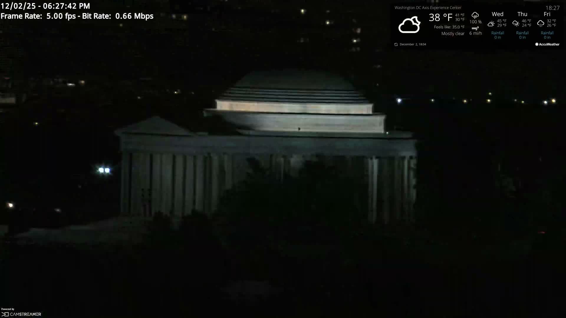 A large, illuminated classical-style monument with a prominent portico, columns, and a tiered dome stands against a dark, clear night sky.