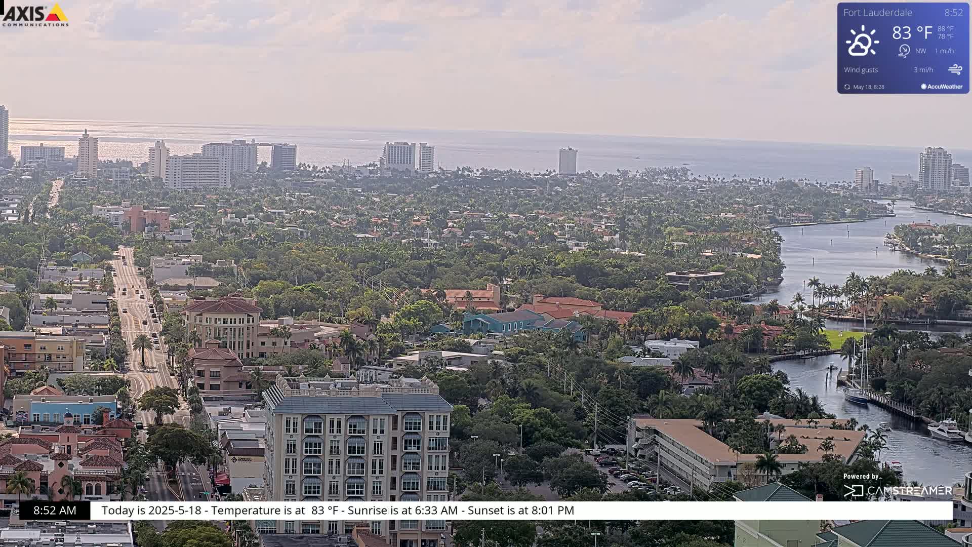 A high-angle, long shot of a coastal city on a partly cloudy day, showing a waterway winding through a residential area with buildings of varying heights toward the ocean.