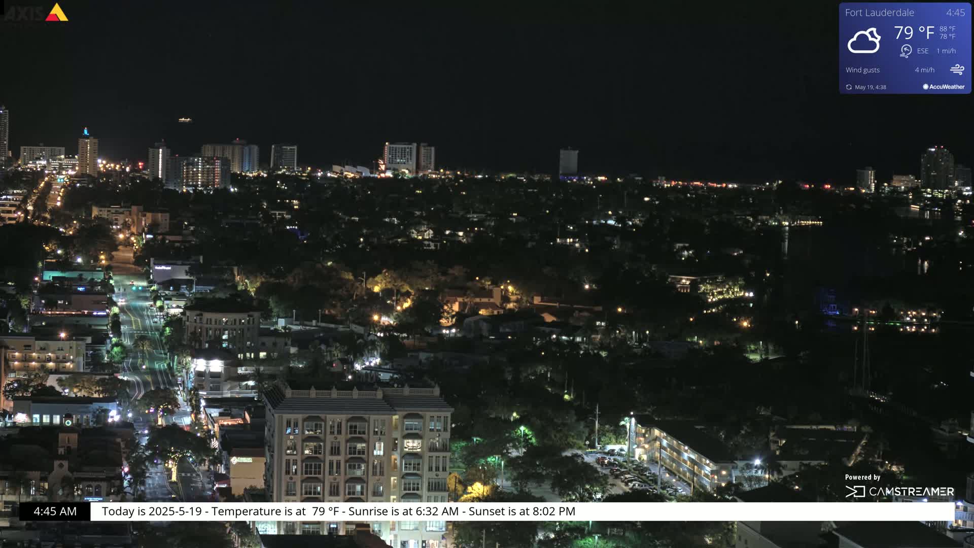 A nighttime view of a city with scattered lights, under partly cloudy skies.