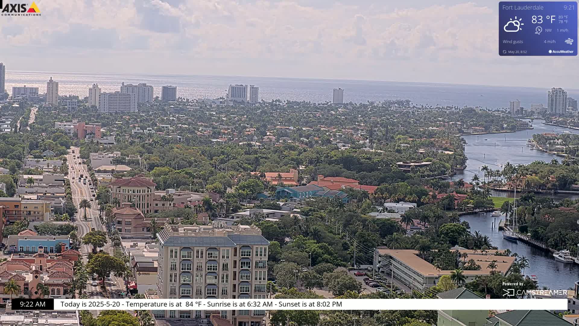 An aerial view of a city by a body of water on a partly cloudy day, showing buildings, roads, and waterways.