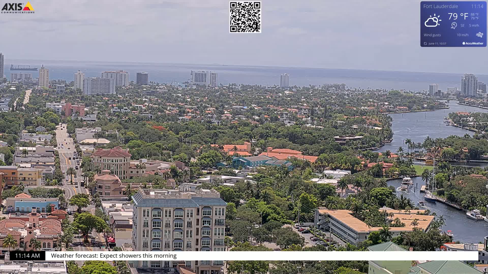 A partly cloudy, 79°F, sunny day overlooking a coastal city with a waterway winding through a residential area, with high-rise buildings visible in the distance.