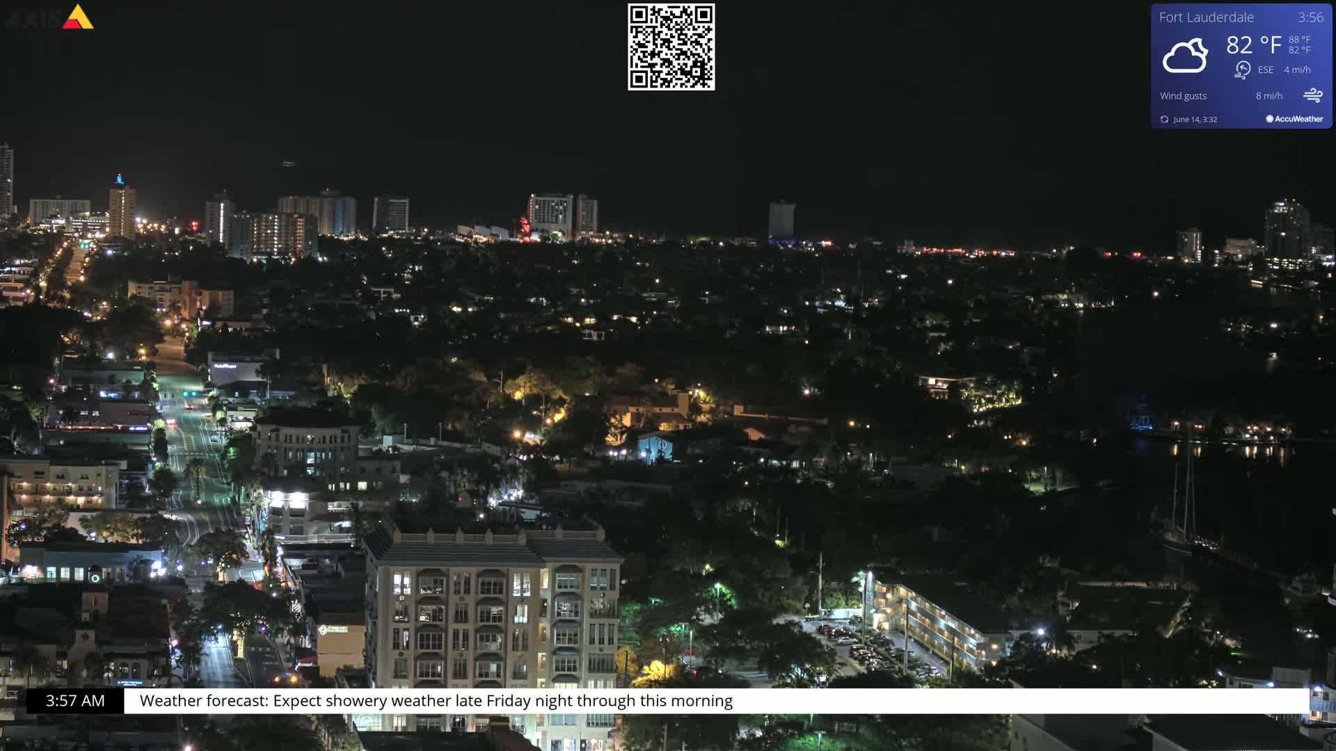 A nighttime aerial view of a city with partly cloudy skies and light winds shows many buildings lit up with streetlights illuminating roads and trees.