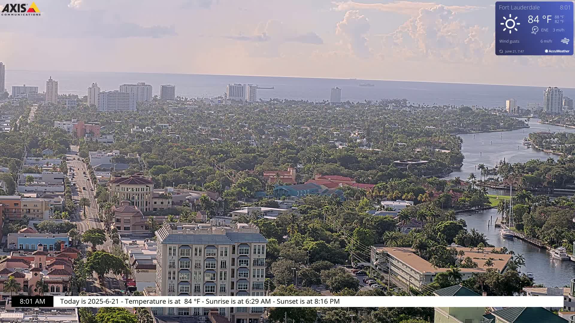 A coastal city with a waterway, many buildings, and lush green vegetation is seen under partly cloudy skies.