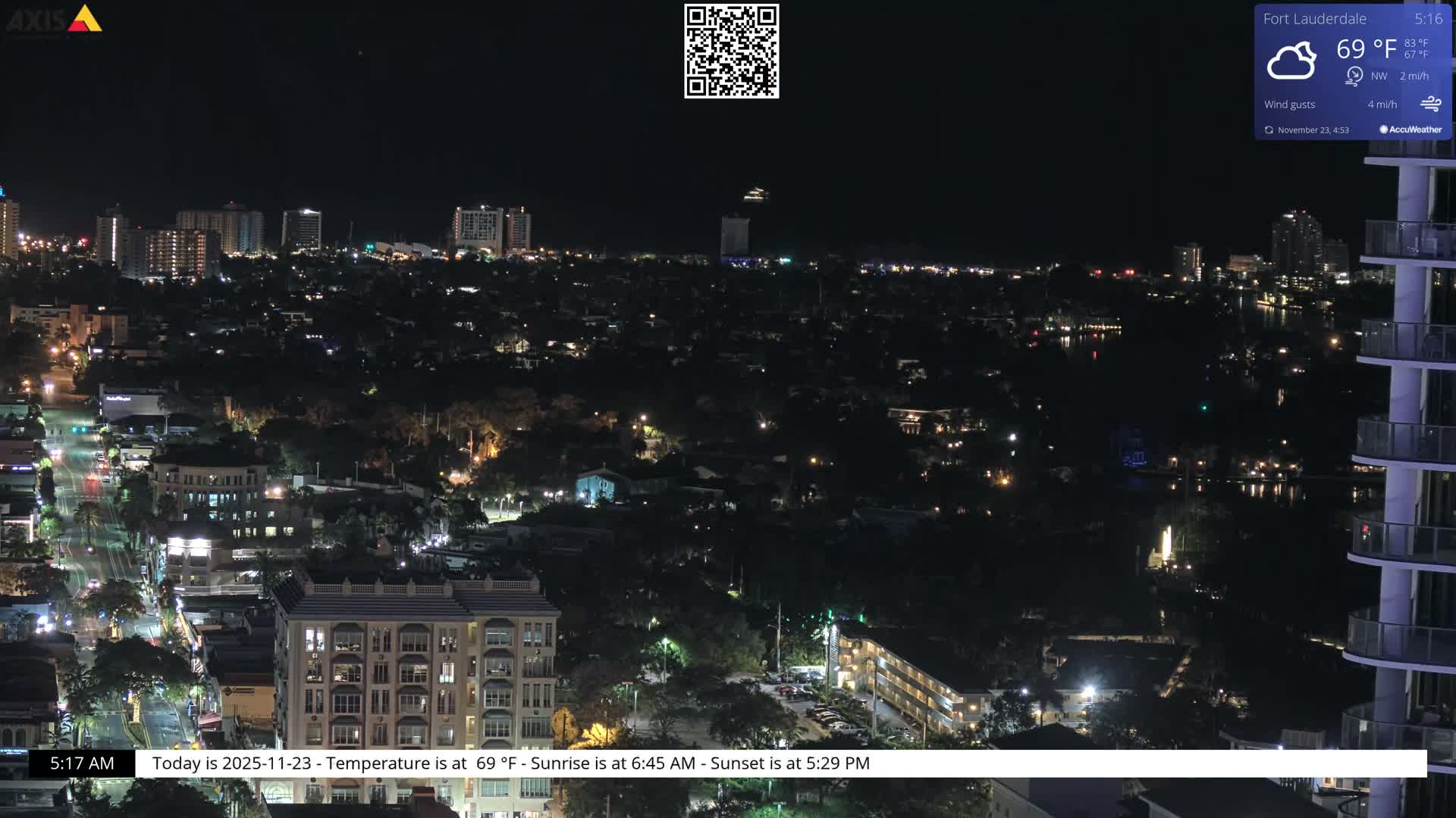 An elevated nighttime view showcases a vibrant city with illuminated buildings, a busy street, and reflective bodies of water nestled among widespread trees, all under a partly cloudy sky at 69°F.