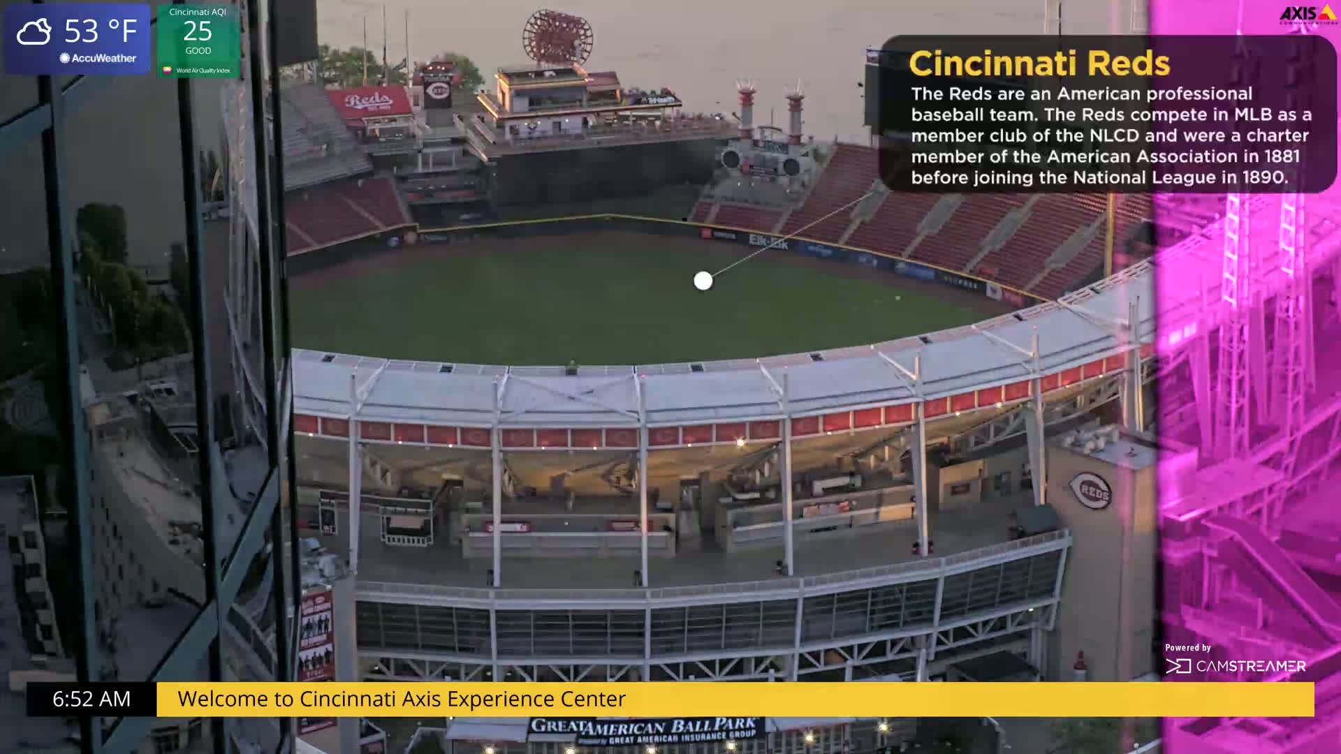 An aerial view of a mostly empty baseball stadium on a partly cloudy, 53°F day.