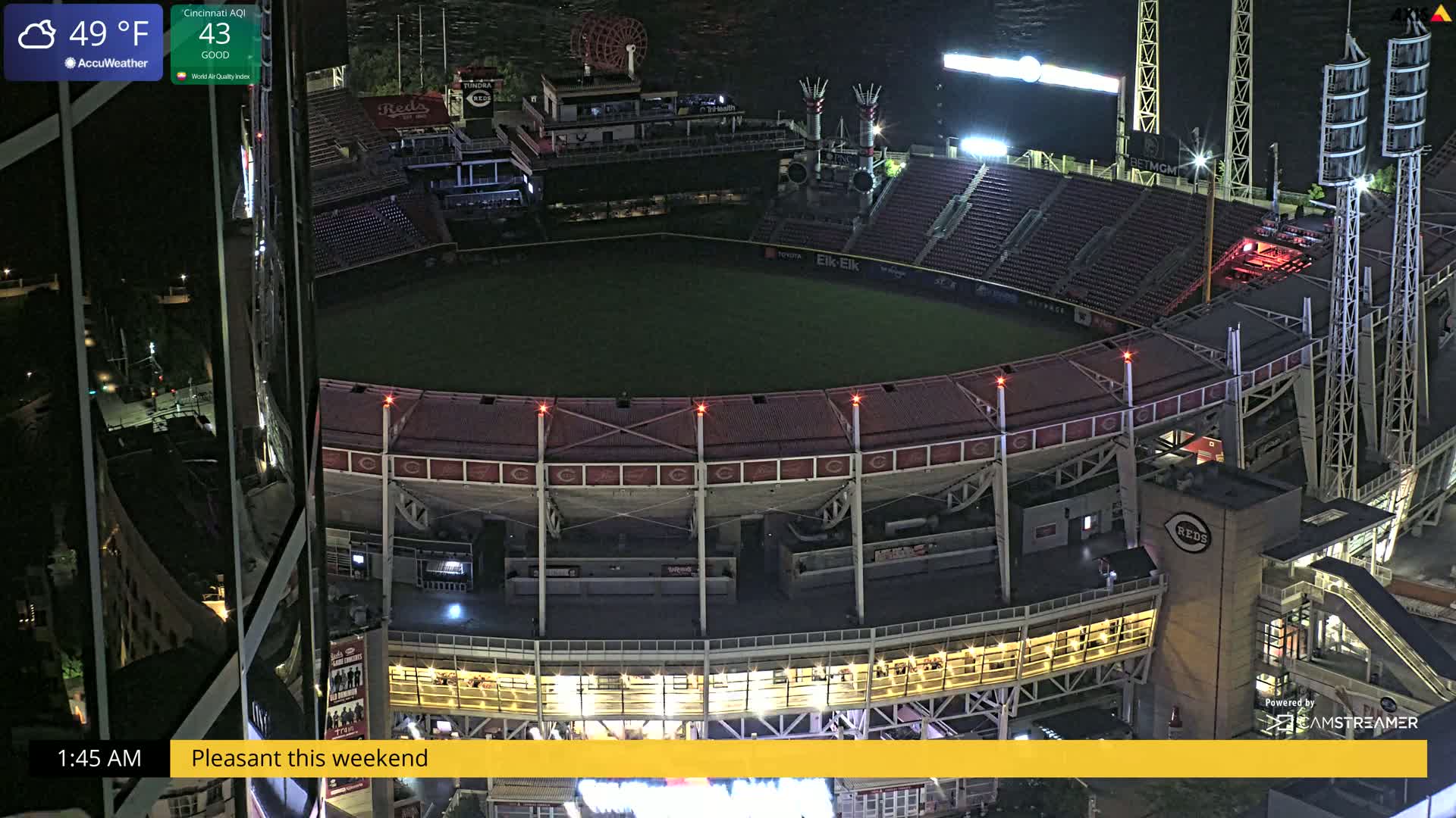 A nighttime, aerial view of an empty baseball stadium with lights illuminating the stands and field, under a clear sky.