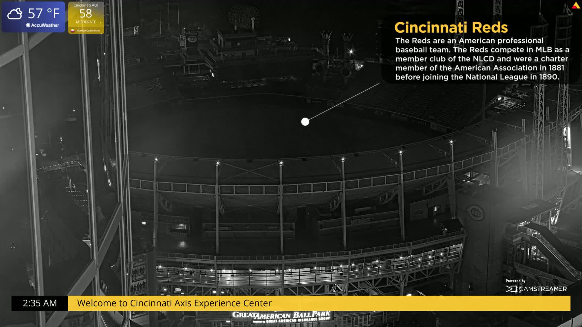 A nighttime, cloudy view of a mostly empty baseball stadium at 57°F.