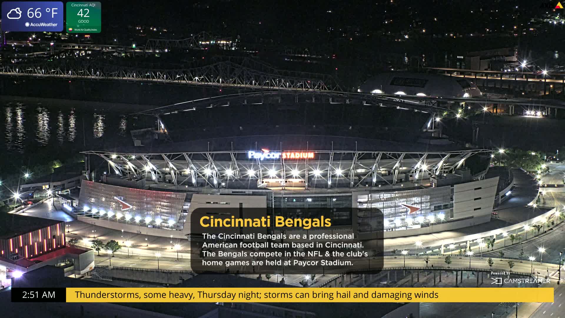 A nighttime, illuminated stadium sits beside a river under a thunderstorm.