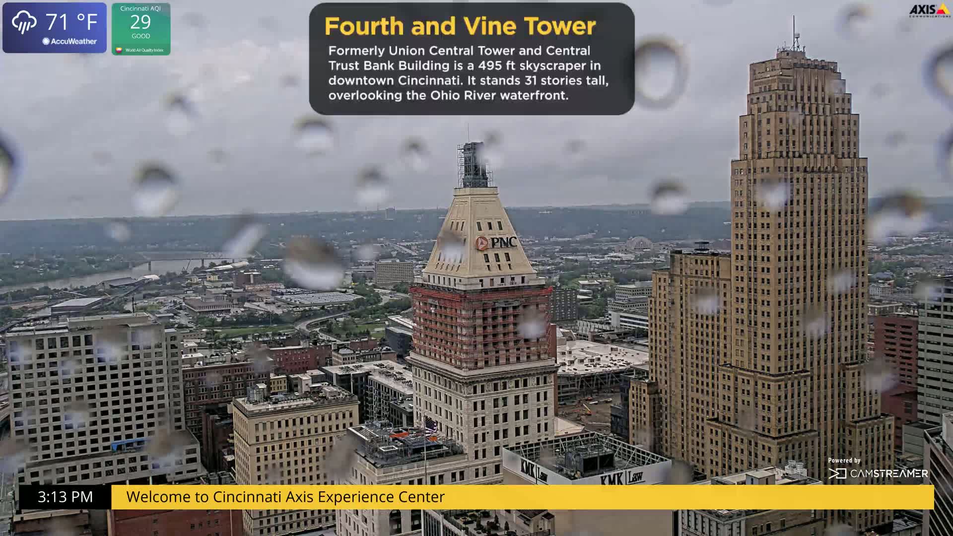 A rain-covered view of downtown Cincinnati, showing the Fourth and Vine Tower and the Ohio River.