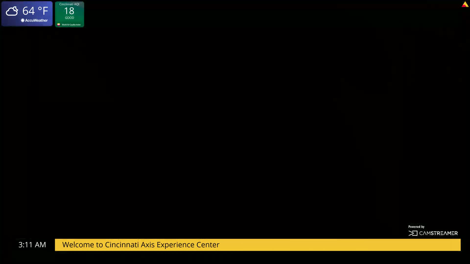 A mostly black screen displays a partly cloudy weather forecast of 64°F and good air quality, along with a time stamp of 3:11 AM.