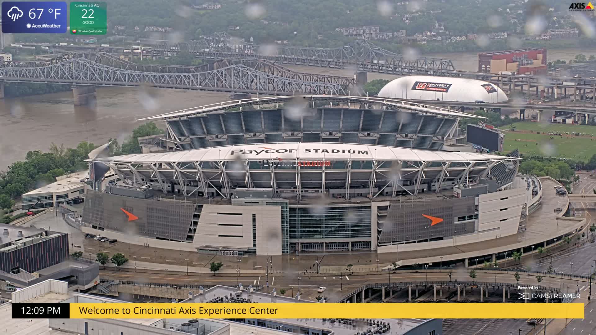 A rain-soaked Paycor Stadium is visible, with a river and bridge in the background.