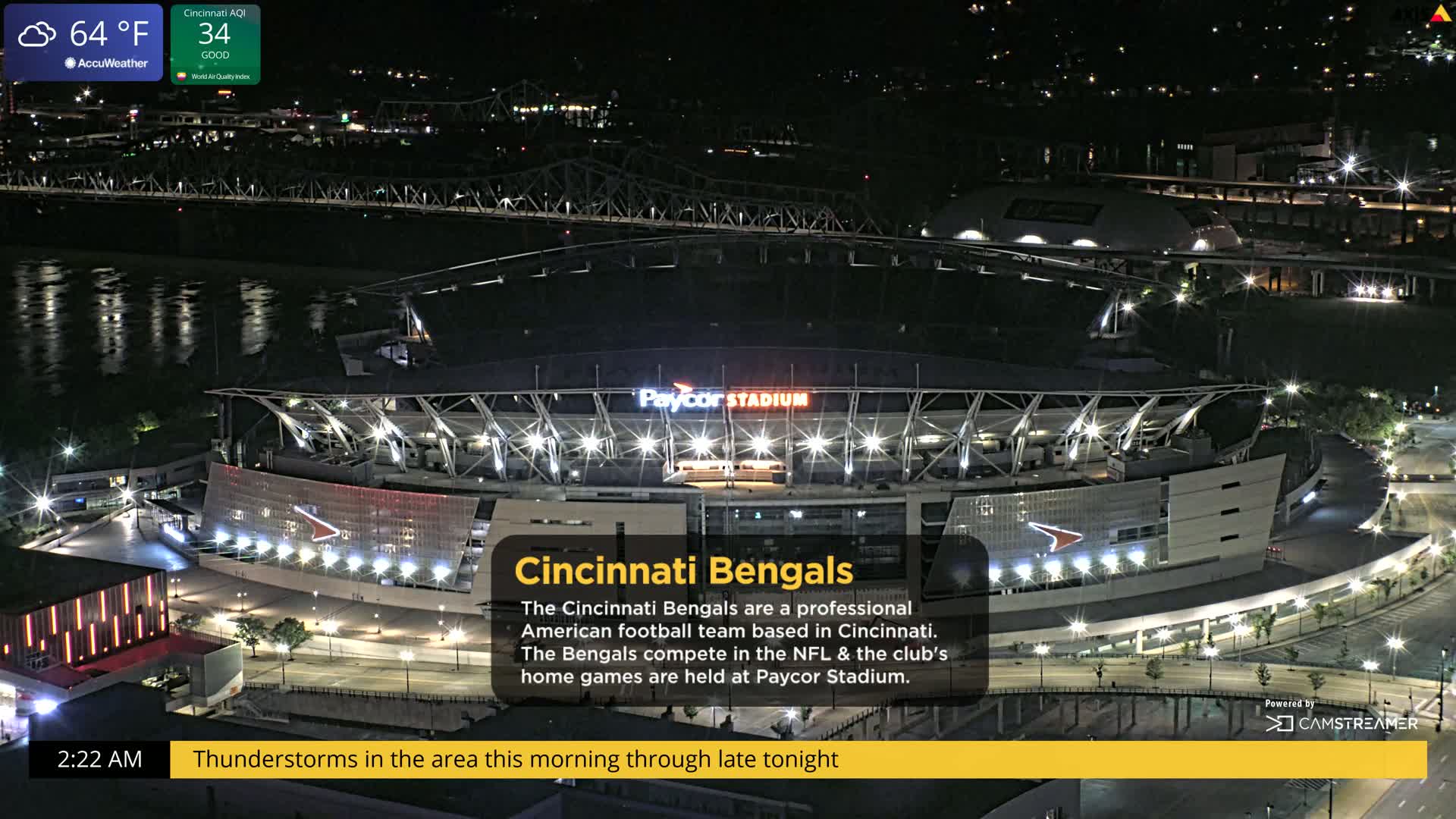 A nighttime, aerial view of Paycor Stadium illuminated, next to a river and bridge, under a thunderstorm warning.