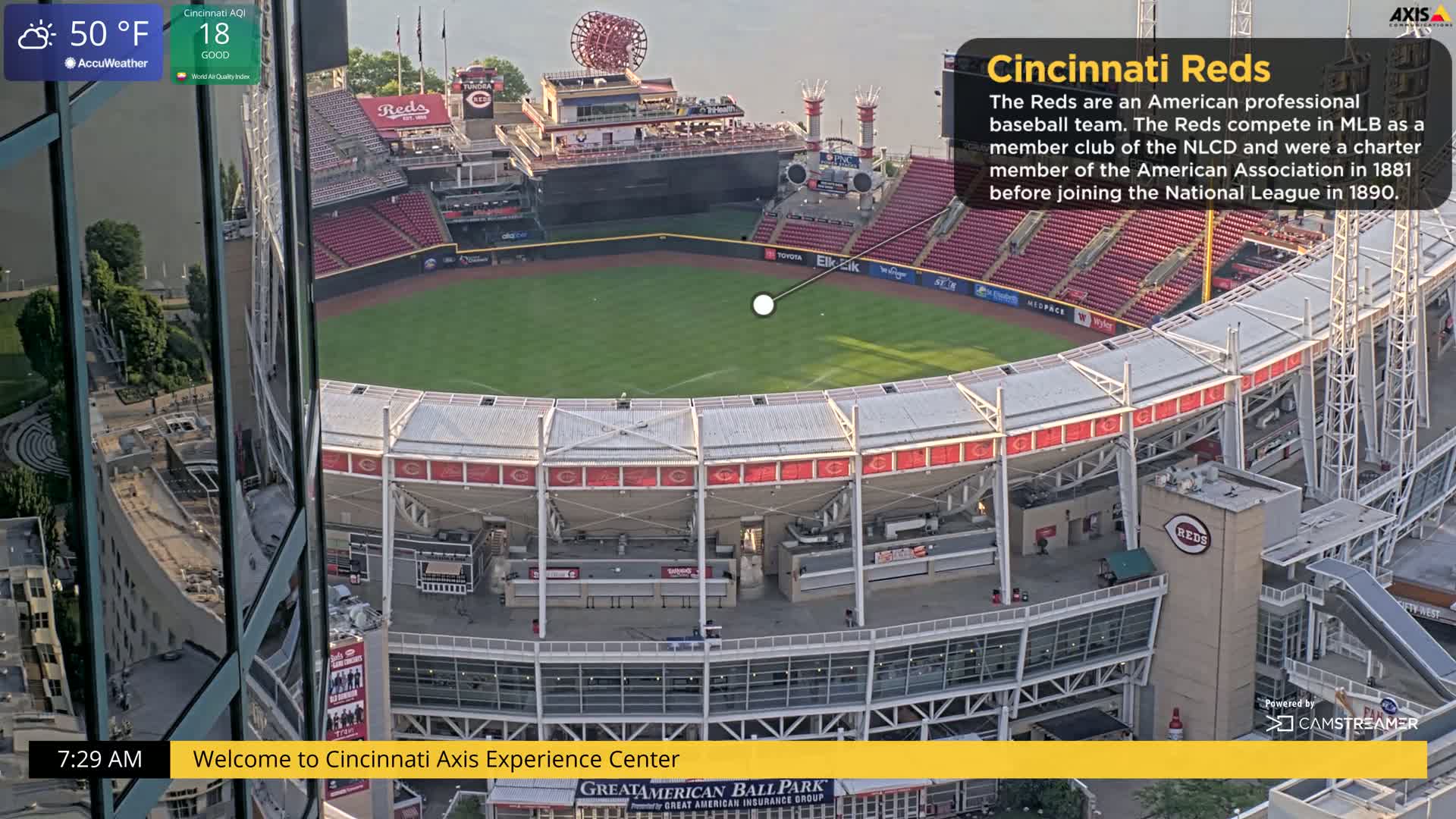 A high-angle view of a baseball stadium on a partly sunny day with a temperature of 50°F.