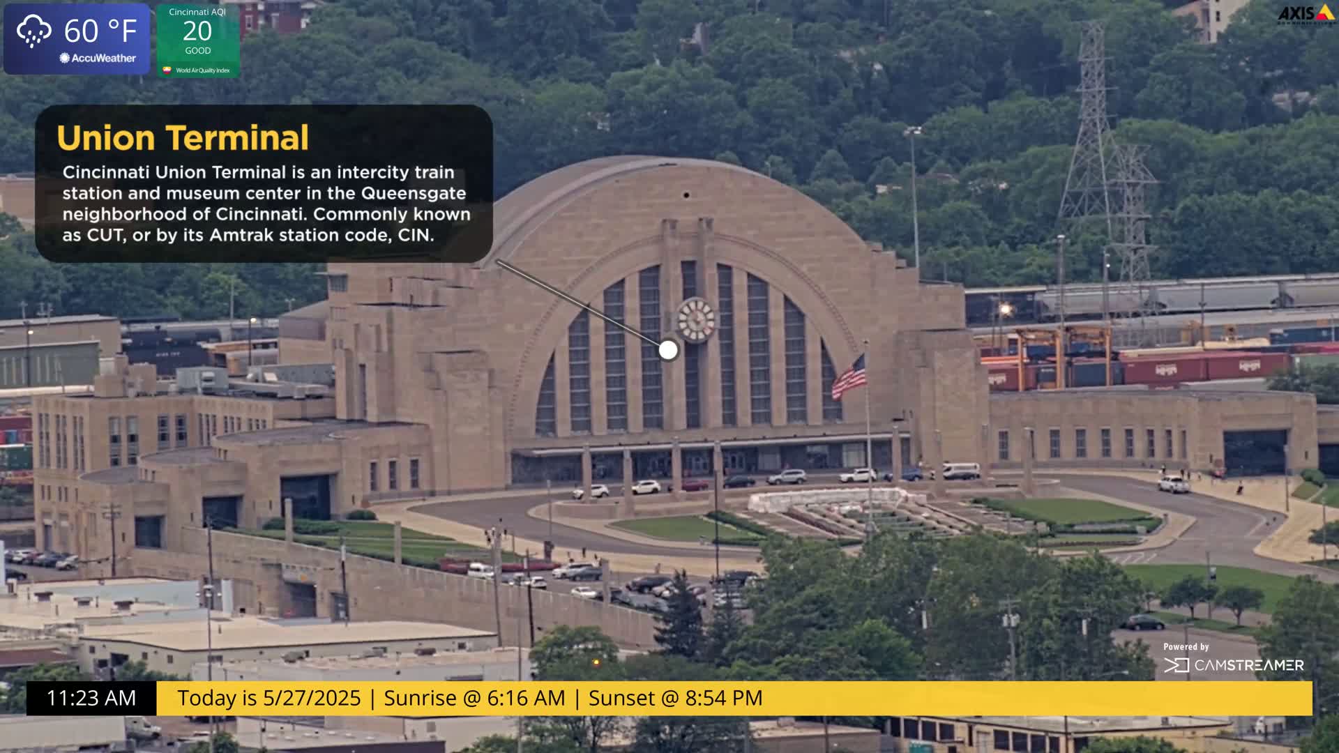 A large, tan Art Deco style train station is shown on a partly cloudy day.