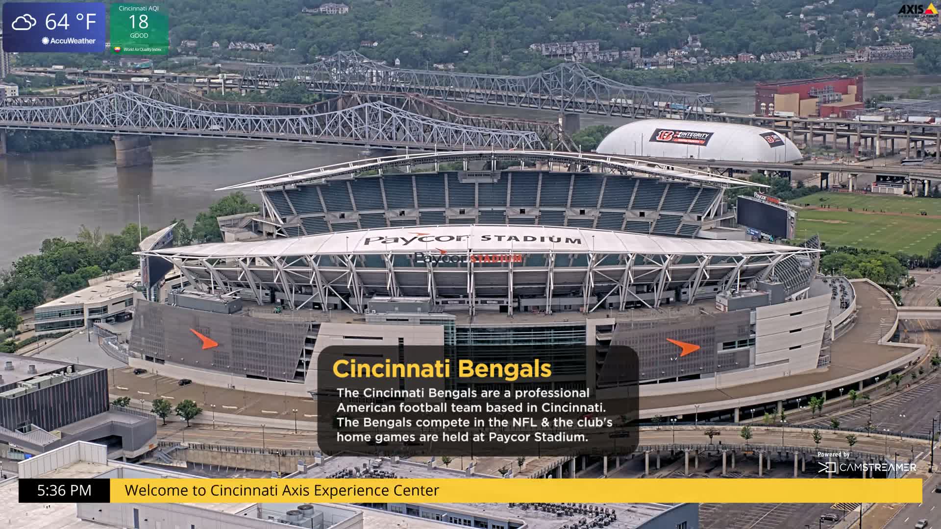 Paycor Stadium, a large open-air stadium, is shown on a partly cloudy day next to a river and bridge.