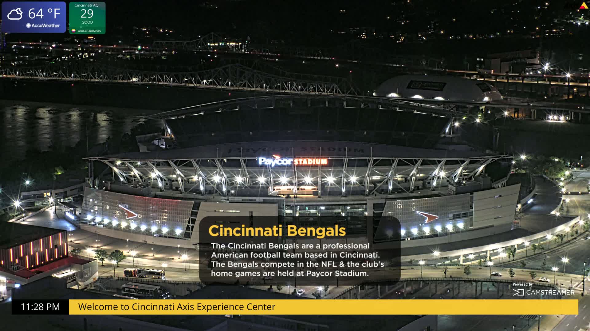 A nighttime view of Paycor Stadium, illuminated, beside a river with a bridge in the background under a partly cloudy sky.