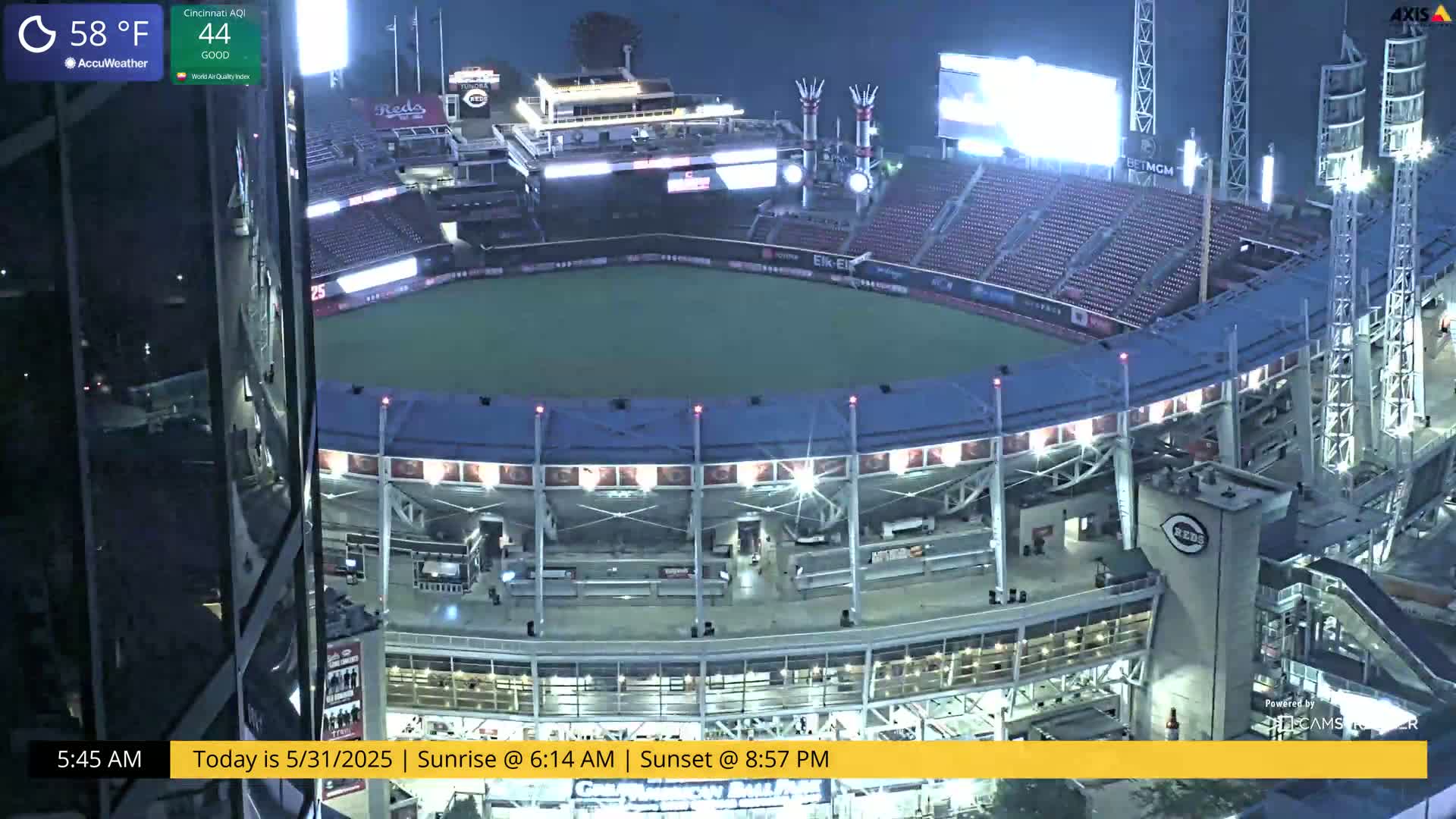 A nighttime, high-angle view of a mostly empty baseball stadium with its lights on.