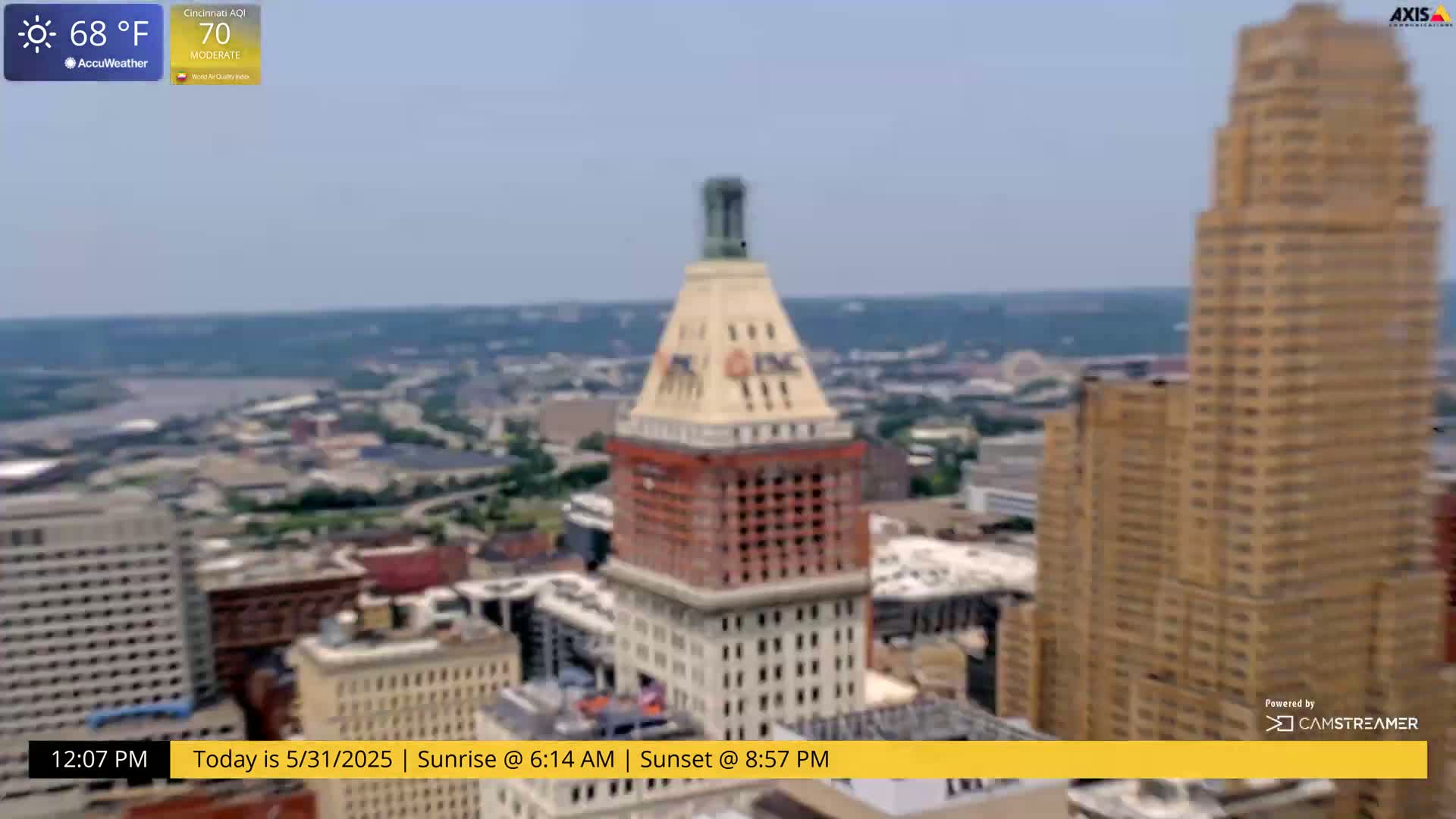 A high-angle, long shot of a city skyline on a sunny day shows several tall buildings, including one with a distinctive spire, overlooking a river and surrounding urban landscape.