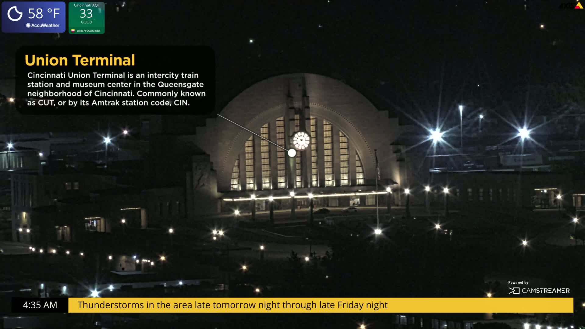 A nighttime, illuminated view of Cincinnati Union Terminal, with thunderstorms predicted for late tomorrow and Friday night.