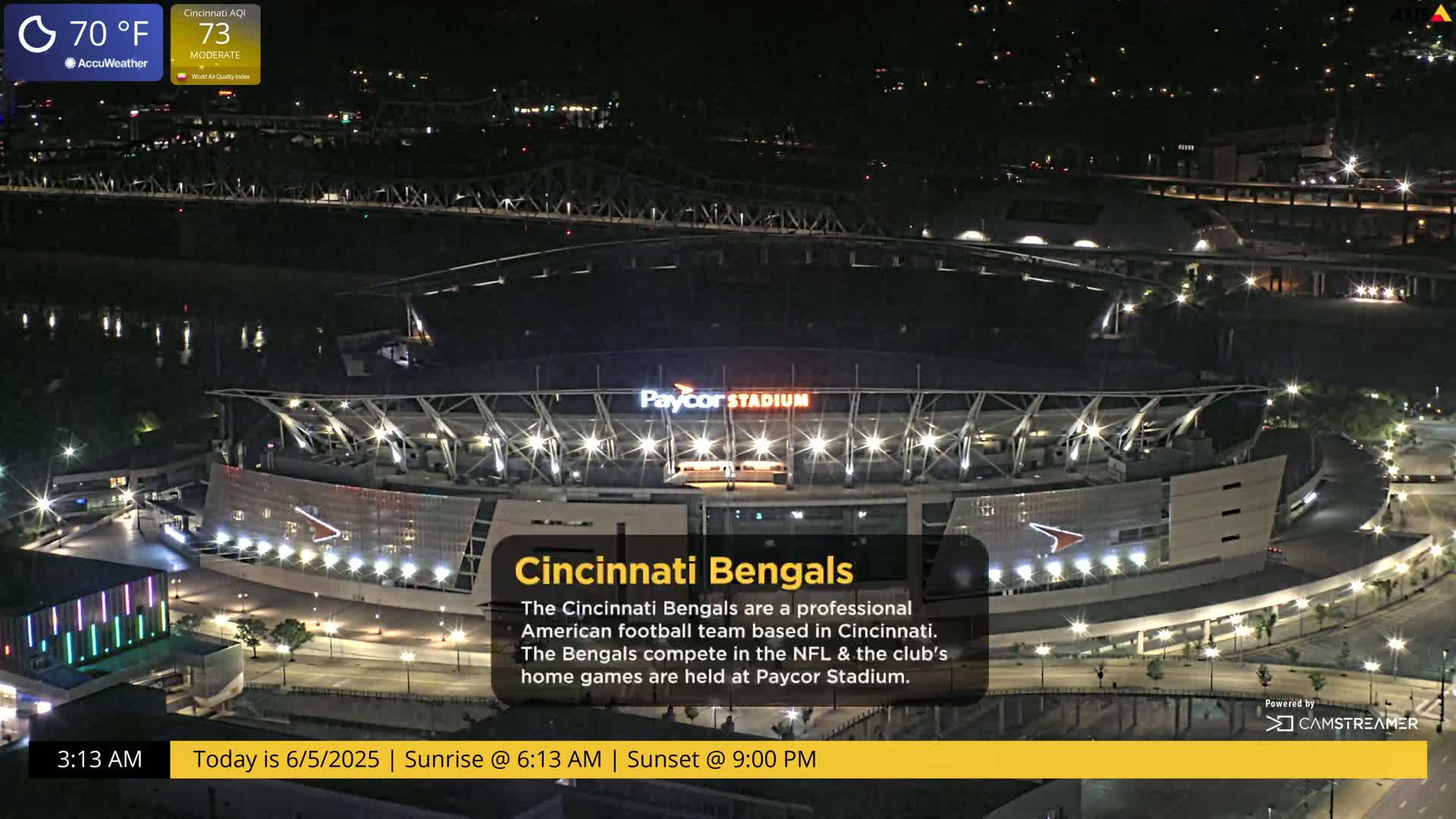 A nighttime, brightly lit stadium sits beside a river under a clear sky.