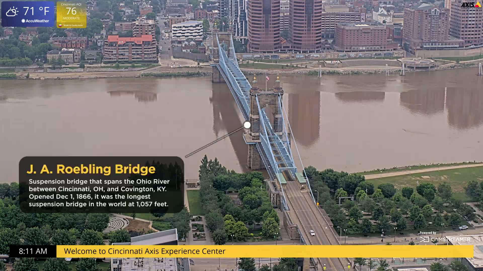 An aerial view shows the J. A. Roebling Suspension Bridge spanning a muddy-brown river, under a partly cloudy sky.