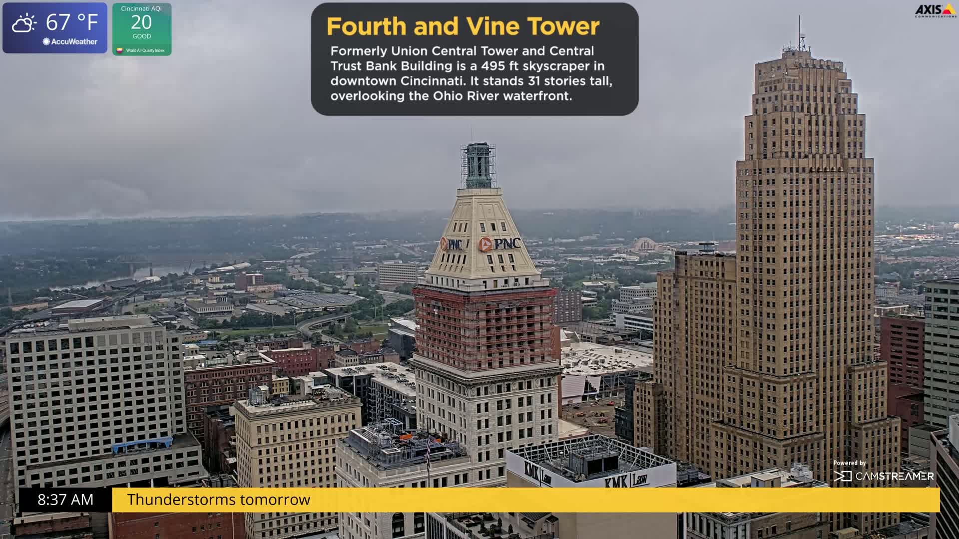 An overcast cityscape view shows a tall building under construction, numerous other buildings, and a river, with thunderstorms predicted for the following day.