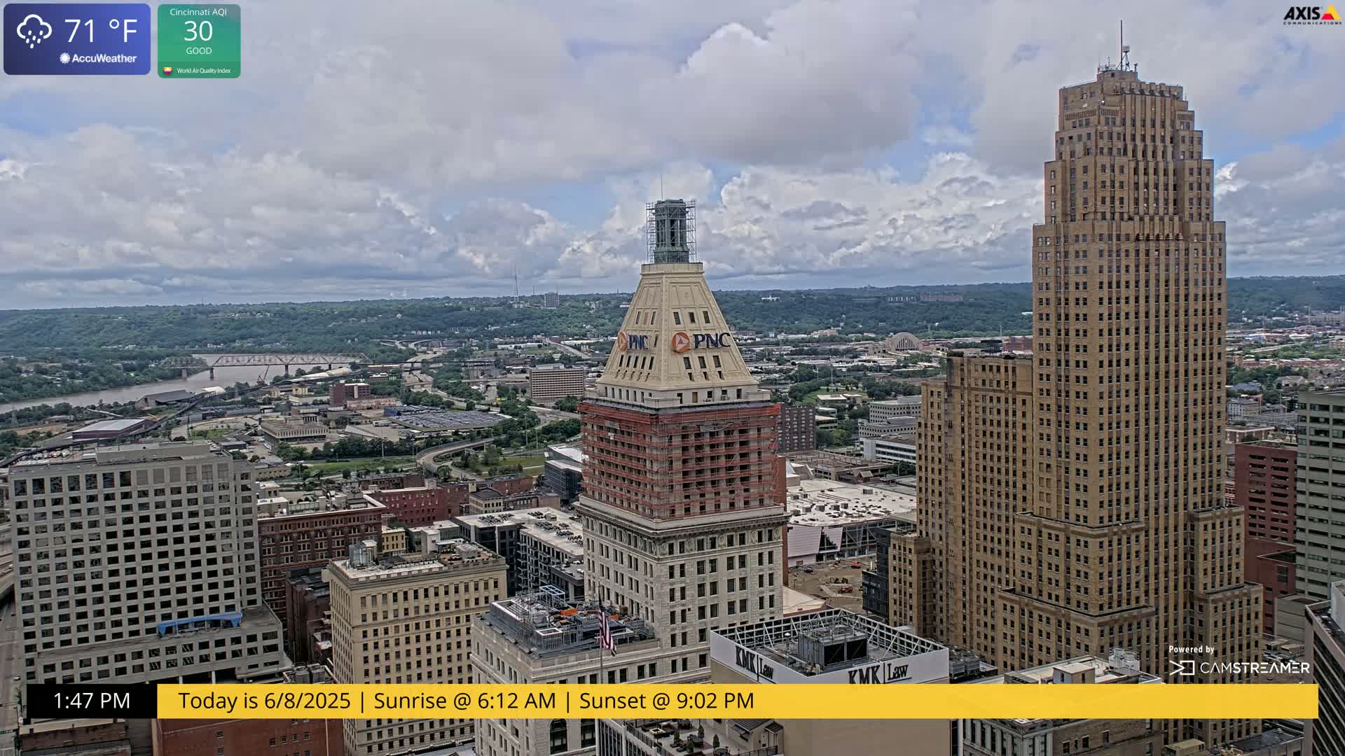 A partly cloudy cityscape with two tall buildings under a mostly cloudy sky.